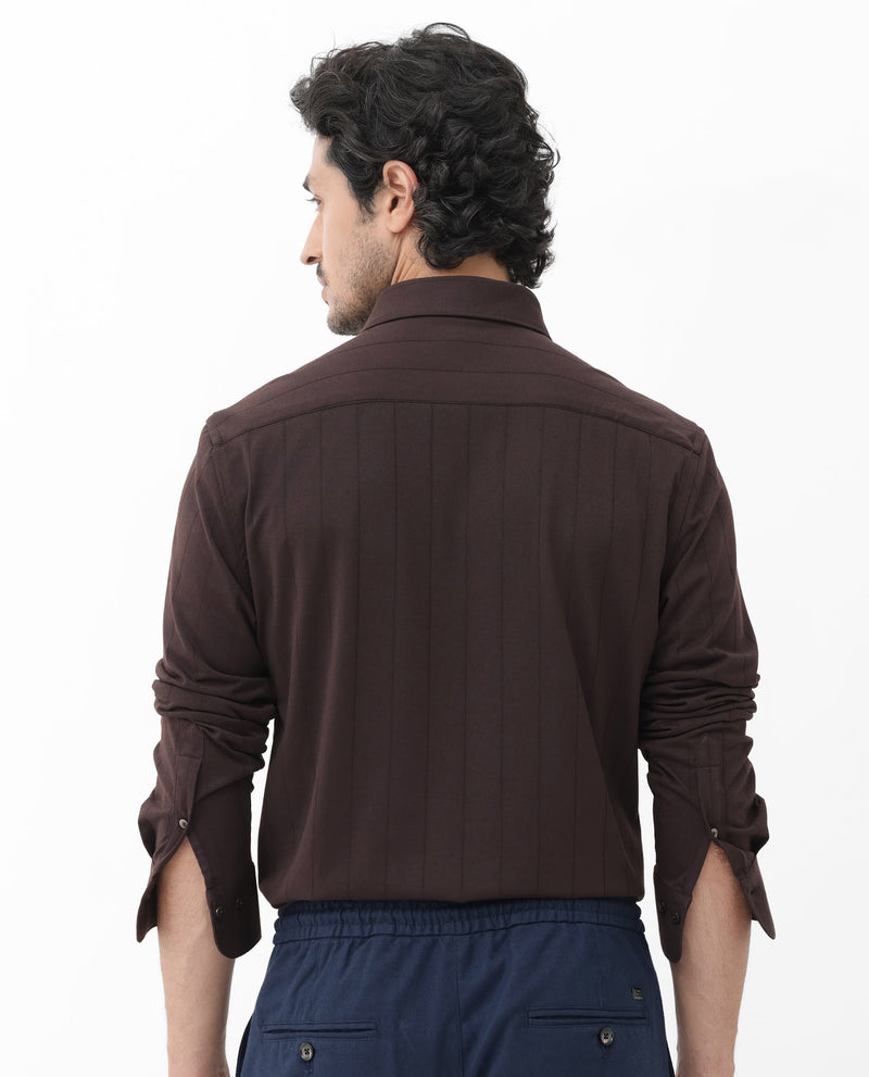 Rare Rabbit Mens Vert LS Dark Brown Cotton Fabric Full Sleeves Solid Self Stripe Shirt