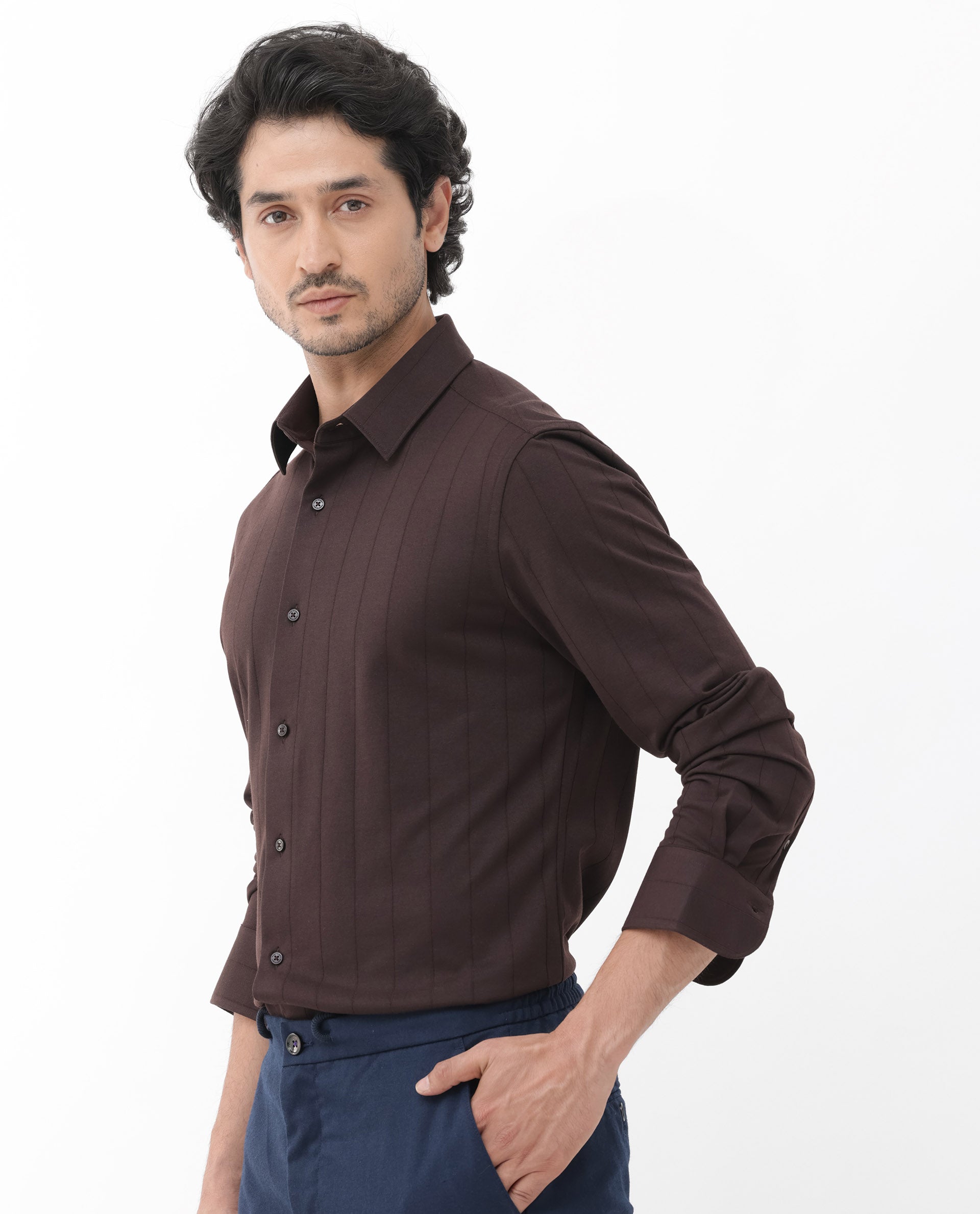 Rare Rabbit Mens Vert LS Dark Brown Cotton Fabric Full Sleeves Solid Self Stripe Shirt