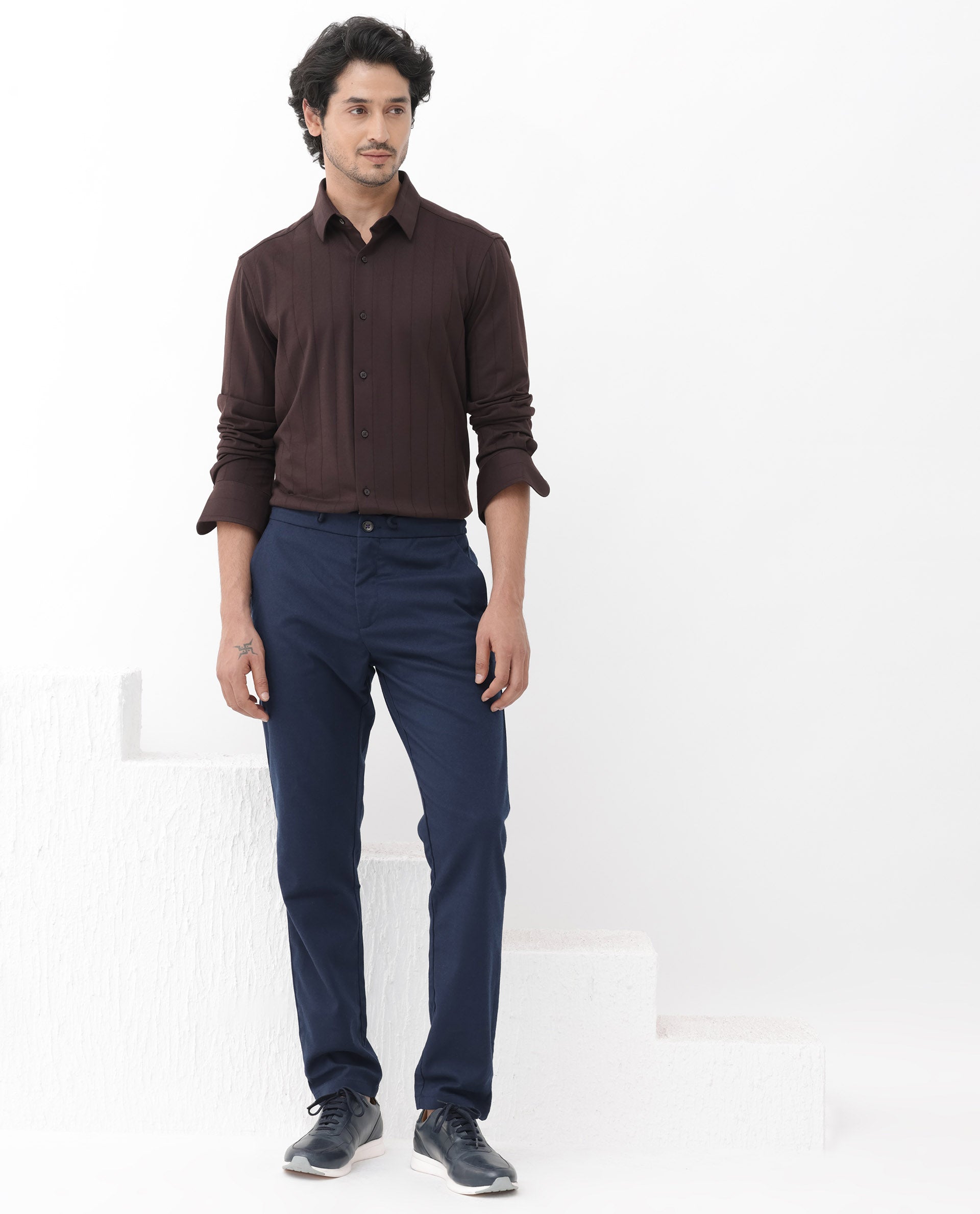 Rare Rabbit Mens Vert LS Dark Brown Cotton Fabric Full Sleeves Solid Self Stripe Shirt