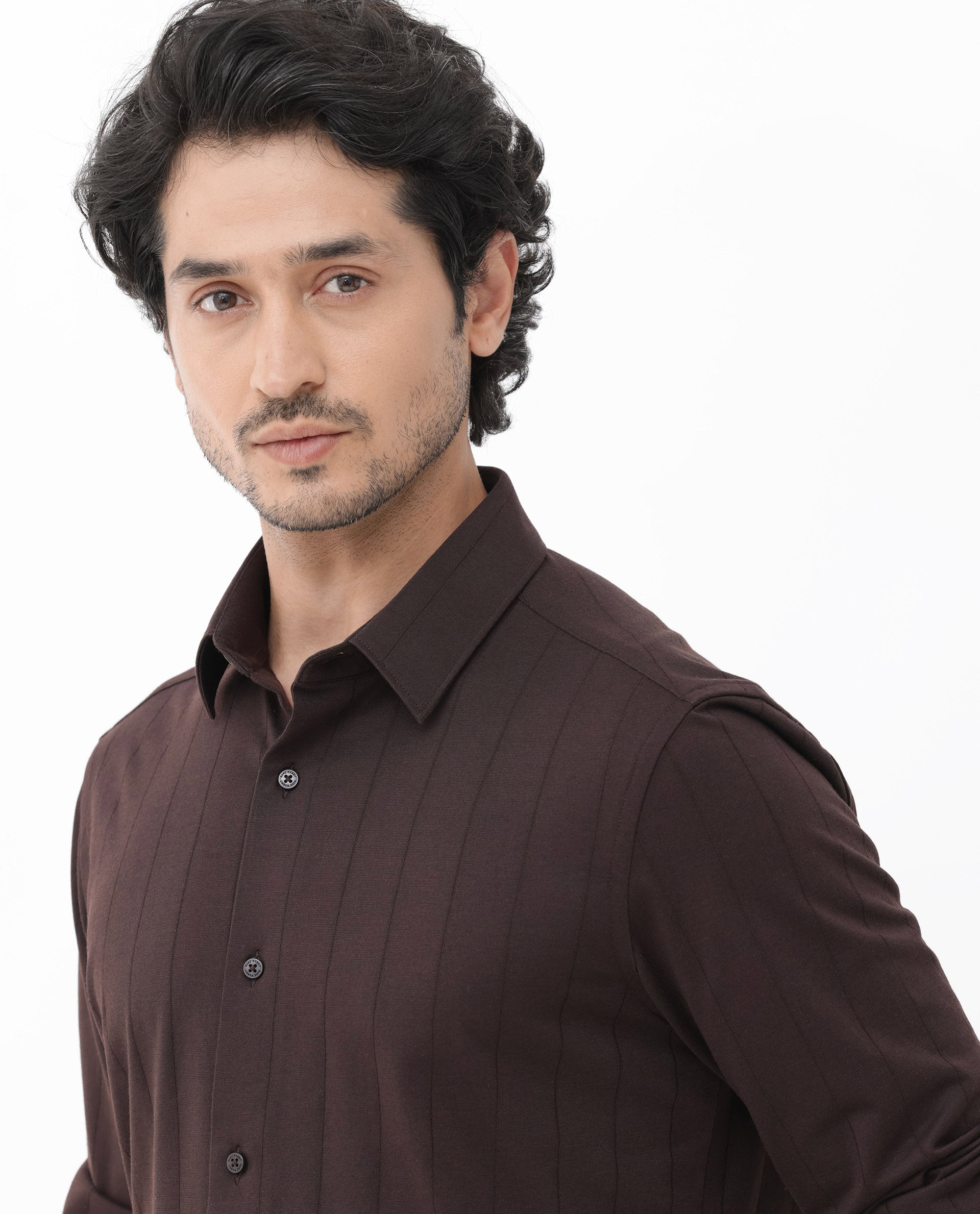 Rare Rabbit Mens Vert LS Dark Brown Cotton Fabric Full Sleeves Solid Self Stripe Shirt