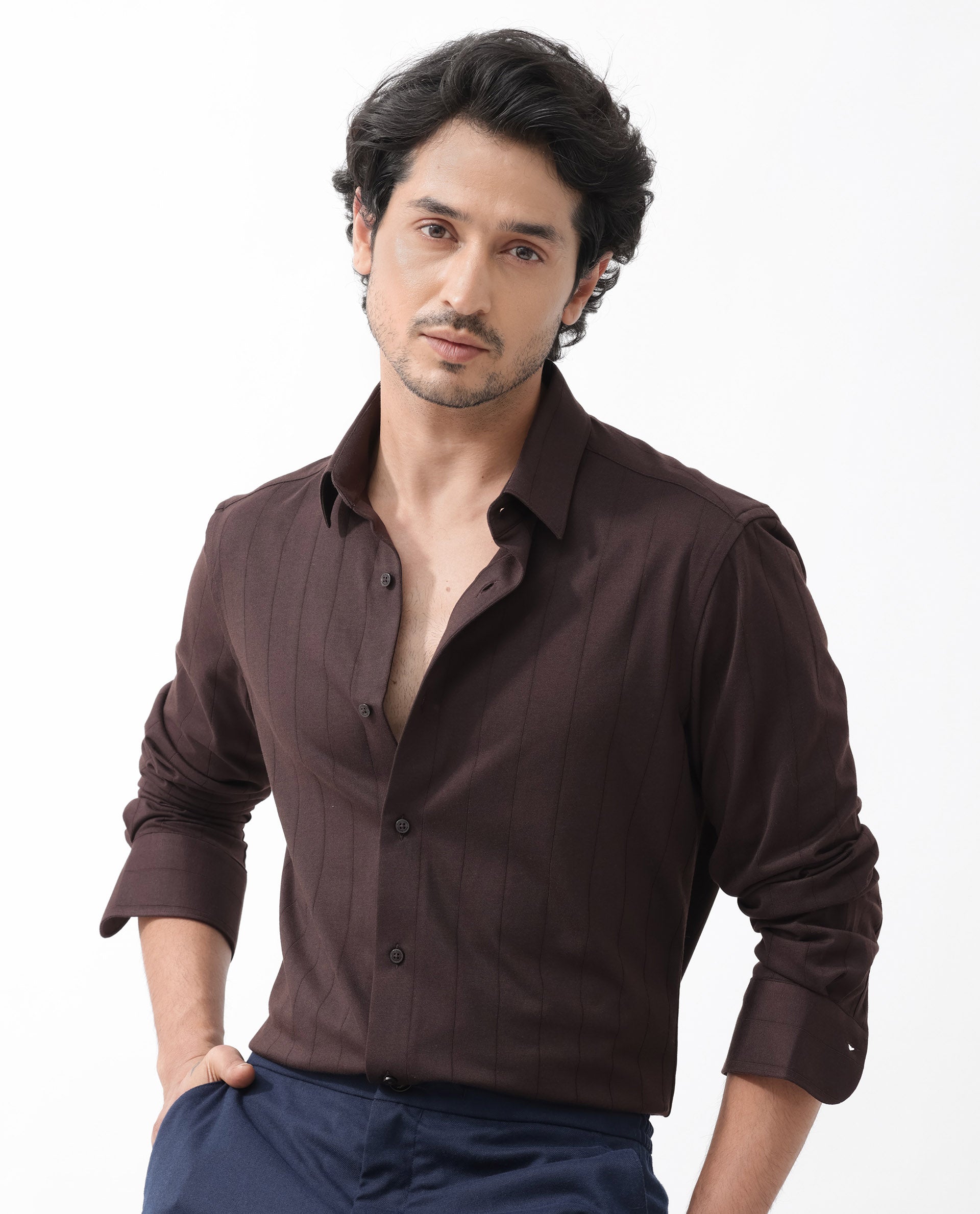 Rare Rabbit Mens Vert LS Dark Brown Cotton Fabric Full Sleeves Solid Self Stripe Shirt