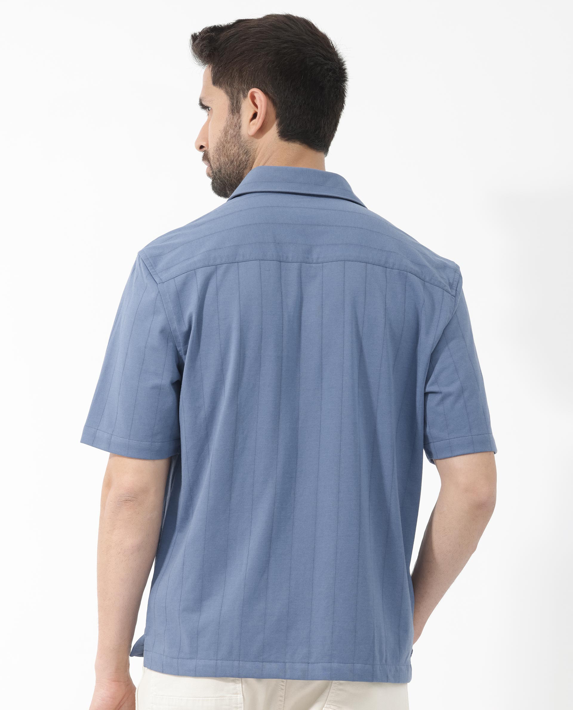 Rare Rabbit Men's Vert SS Blue Cotton Fabric Half Sleeves Boxy Fit Self Stripes Knit Shirt