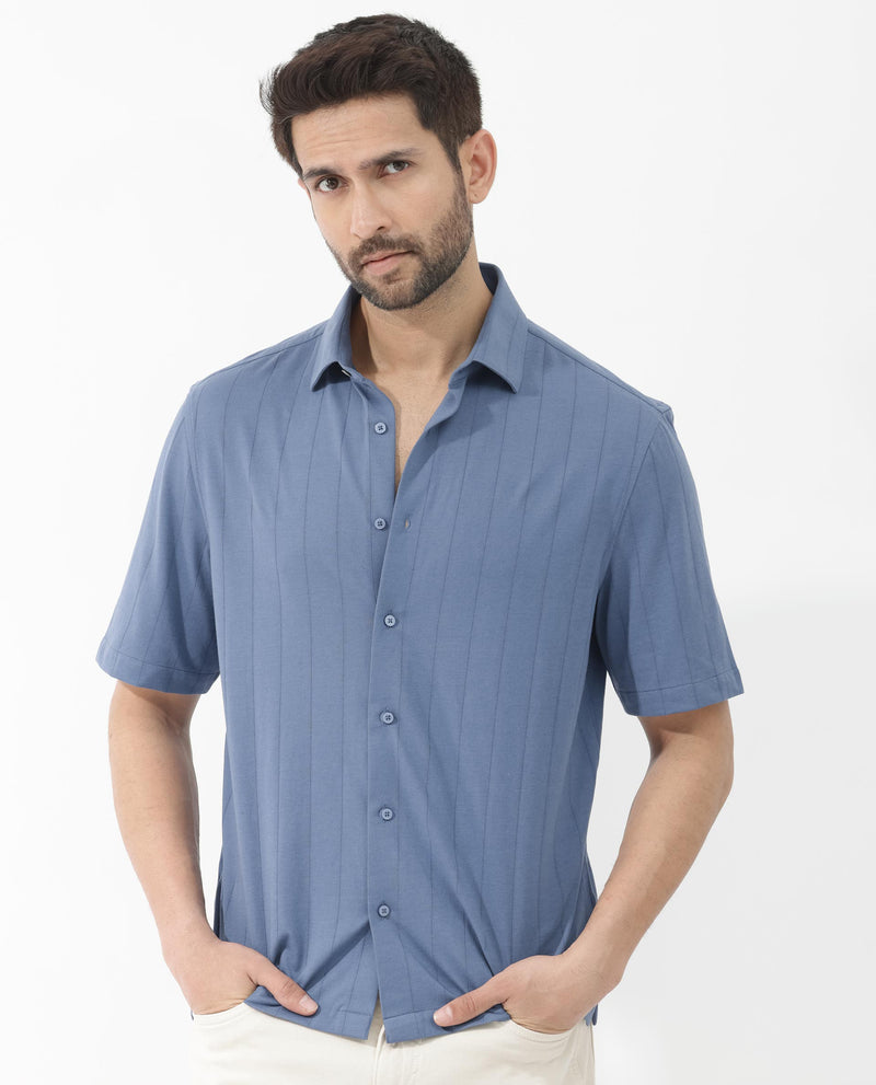 Rare Rabbit Men's Vert SS Blue Cotton Fabric Half Sleeves Self Stripe Shirt