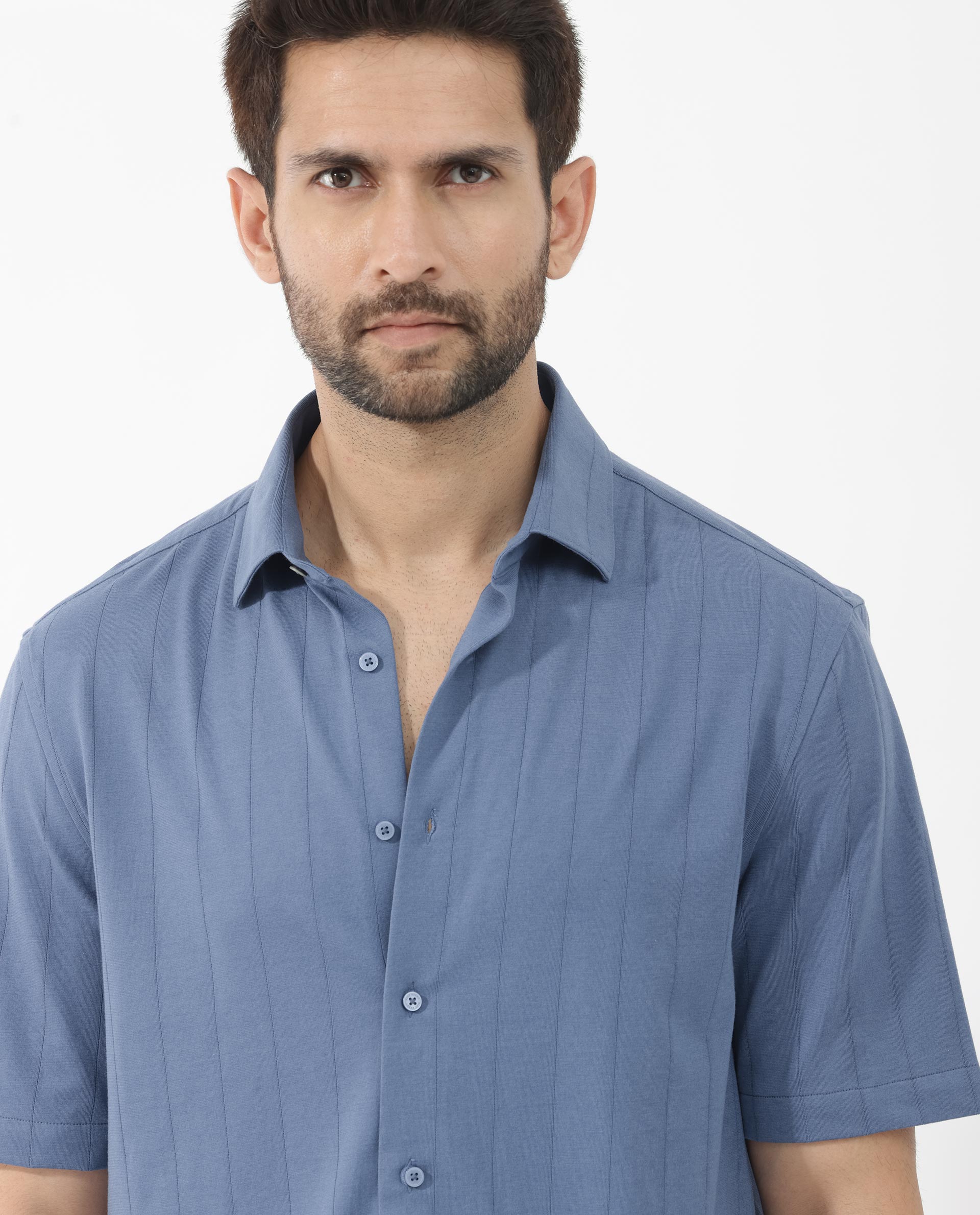 Rare Rabbit Men's Vert SS Blue Cotton Fabric Half Sleeves Boxy Fit Self Stripes Knit Shirt