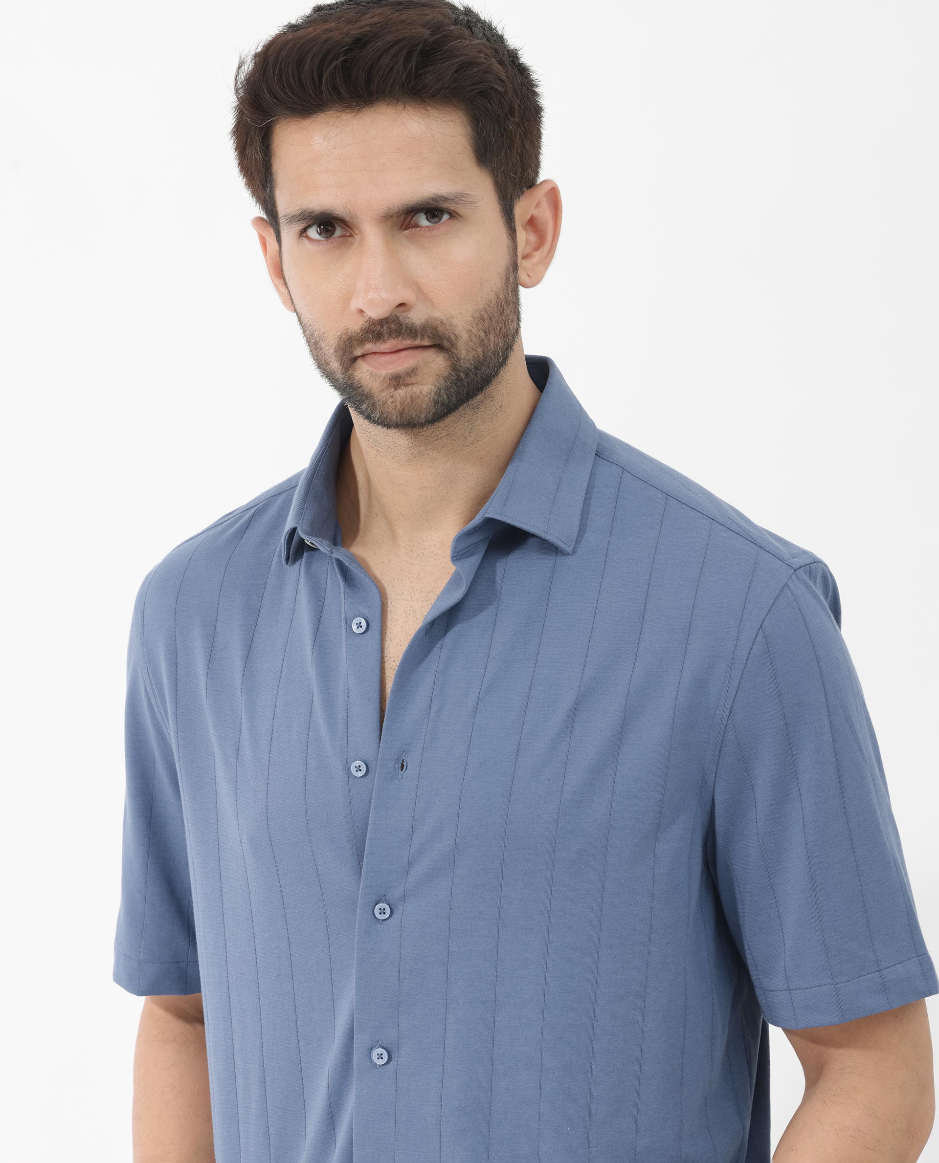 Rare Rabbit Men's Vert SS Blue Cotton Fabric Half Sleeves Boxy Fit Self Stripes Knit Shirt