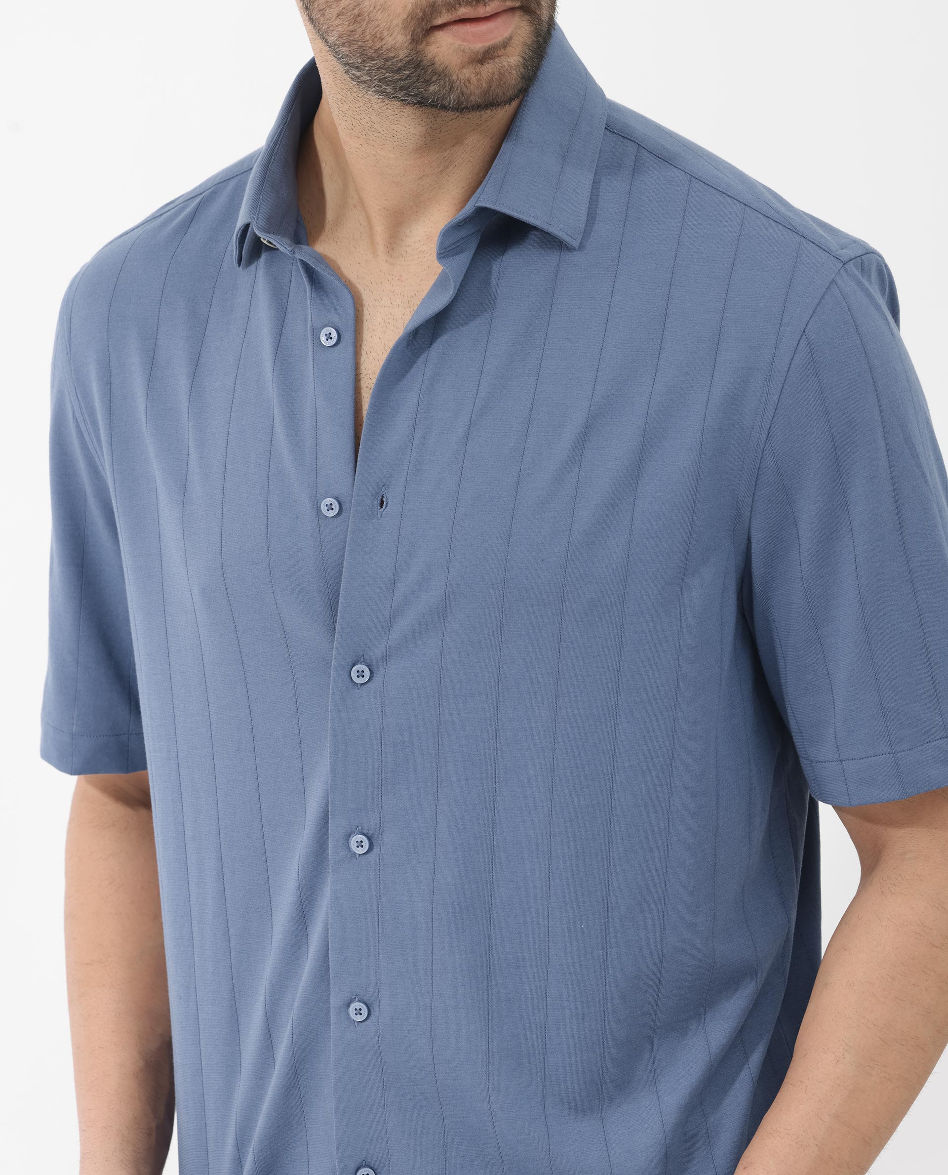 Rare Rabbit Men's Vert SS Blue Cotton Fabric Half Sleeves Boxy Fit Self Stripes Knit Shirt