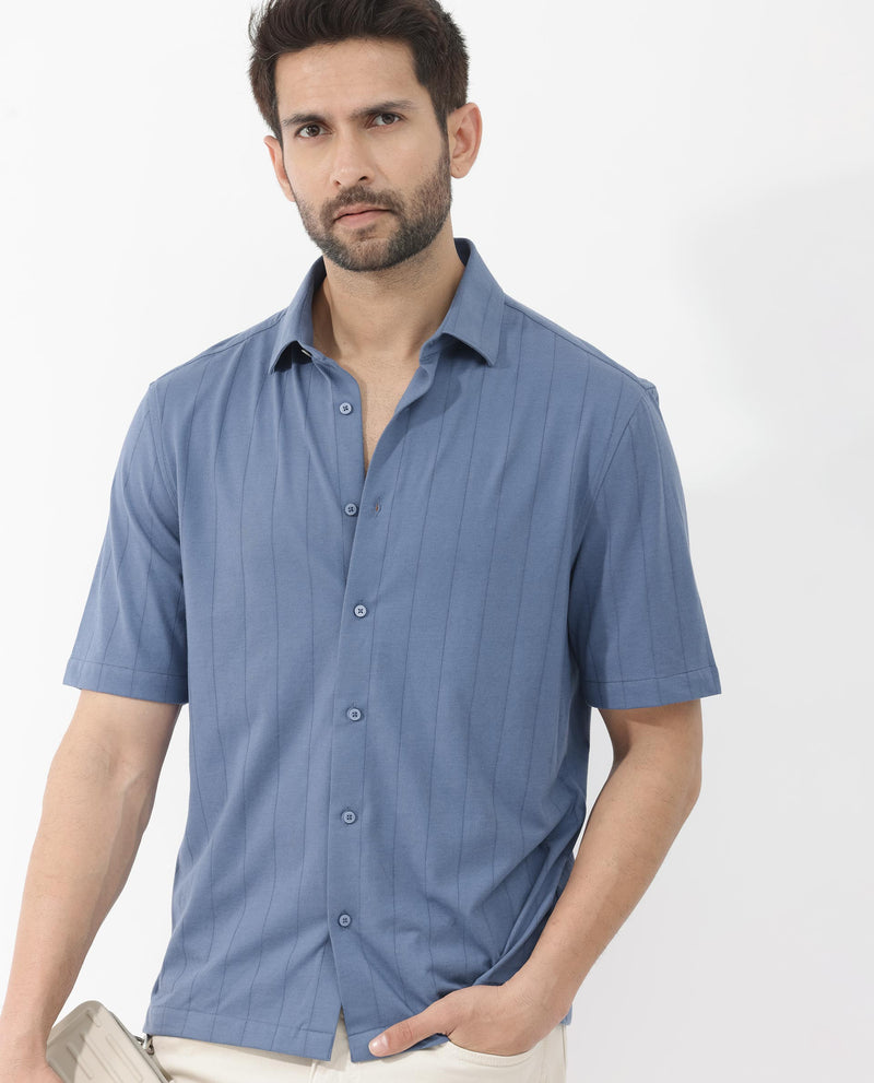 Rare Rabbit Men's Vert SS Blue Cotton Fabric Half Sleeves Self Stripe Shirt