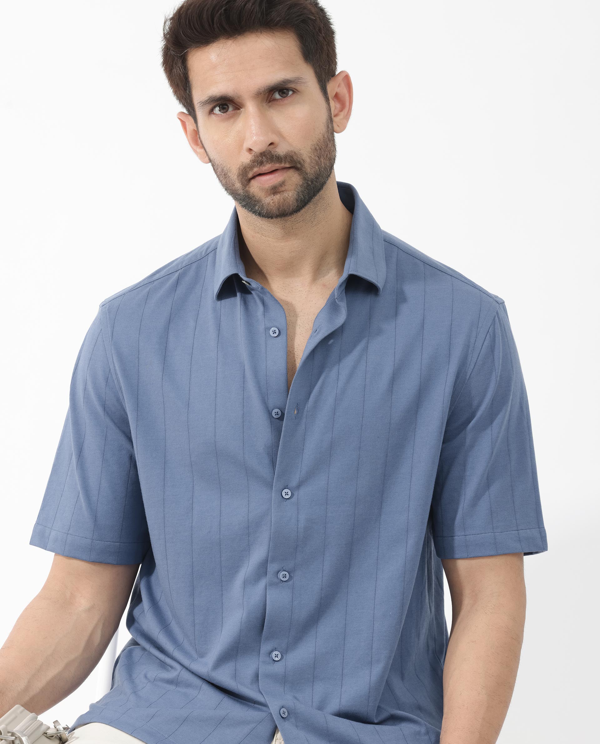 Rare Rabbit Men's Vert SS Blue Cotton Fabric Half Sleeves Boxy Fit Self Stripes Knit Shirt