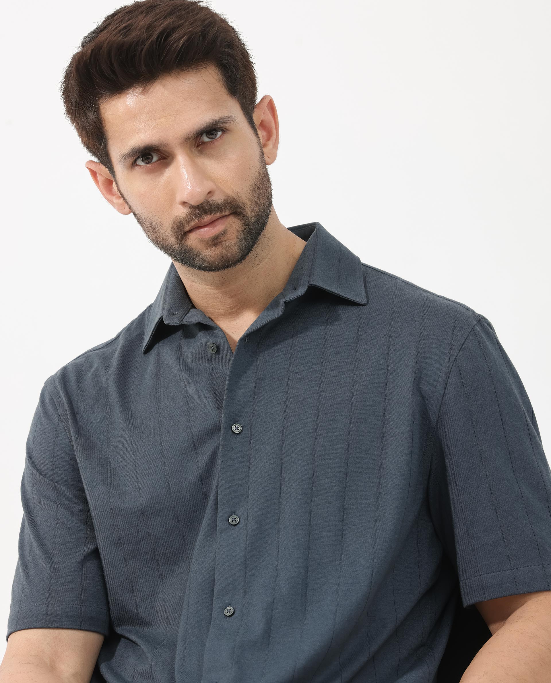 Rare Rabbit Men's Vert SS Dusky Teal Cotton Fabric Half Sleeves Boxy Fit Self Stripes Knit Shirt