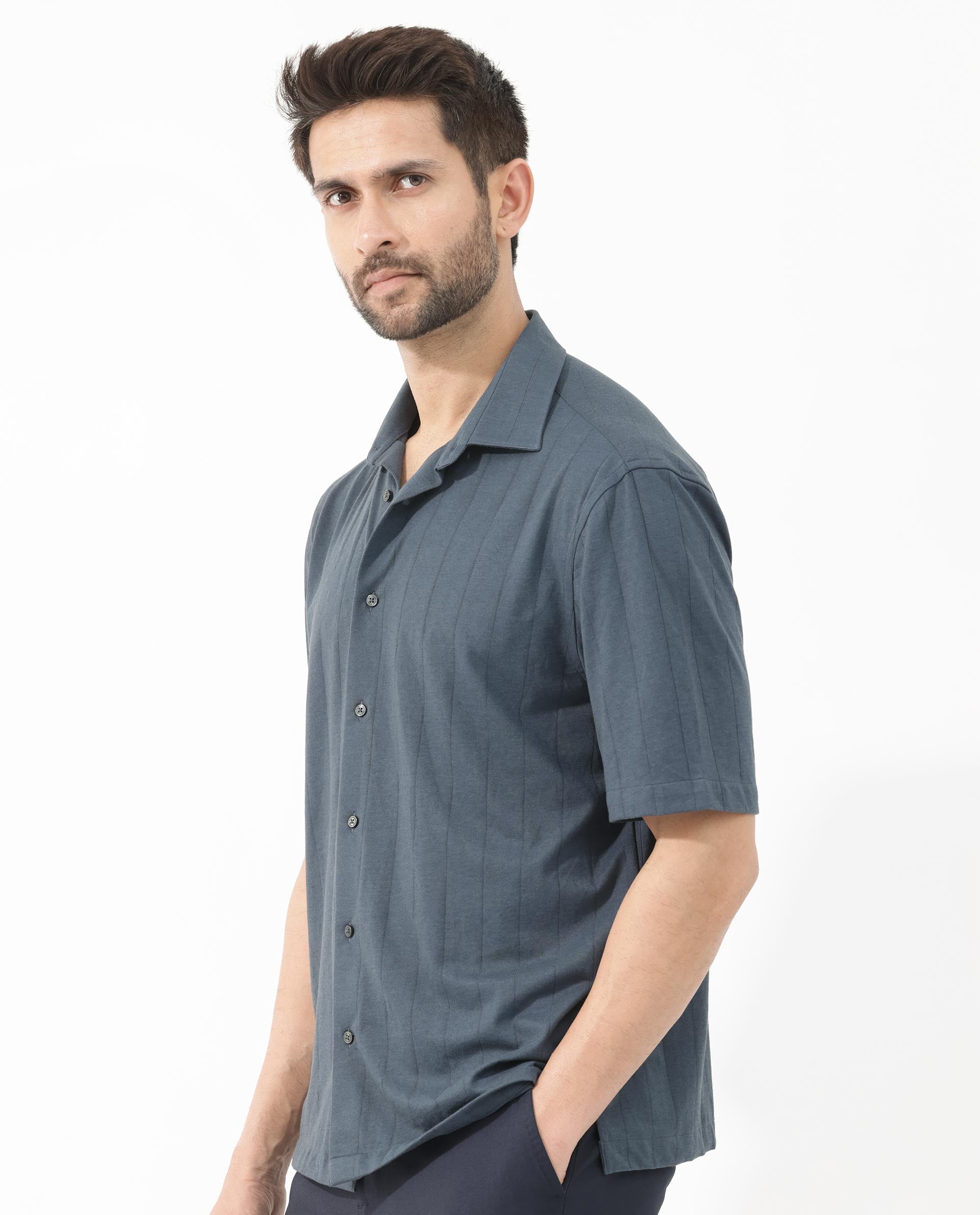 Rare Rabbit Men's Vert SS Dusky Teal Cotton Fabric Half Sleeves Boxy Fit Self Stripes Knit Shirt