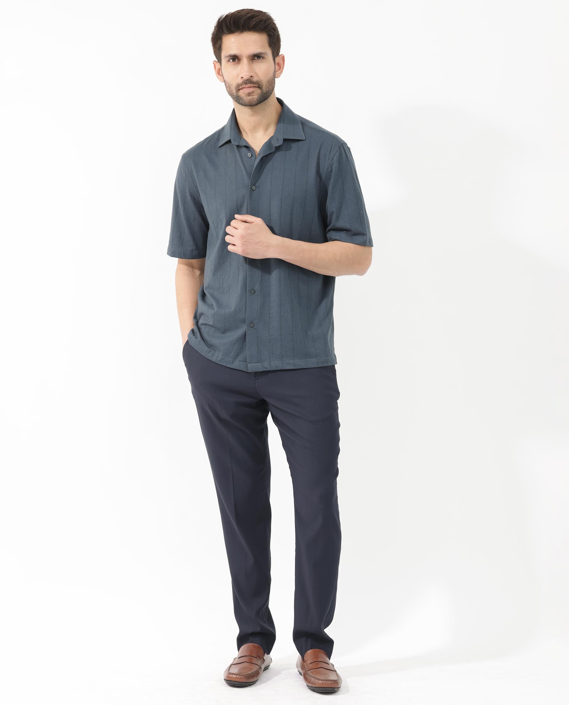 Rare Rabbit Men's Vert SS Dusky Teal Cotton Fabric Half Sleeves Boxy Fit Self Stripes Knit Shirt