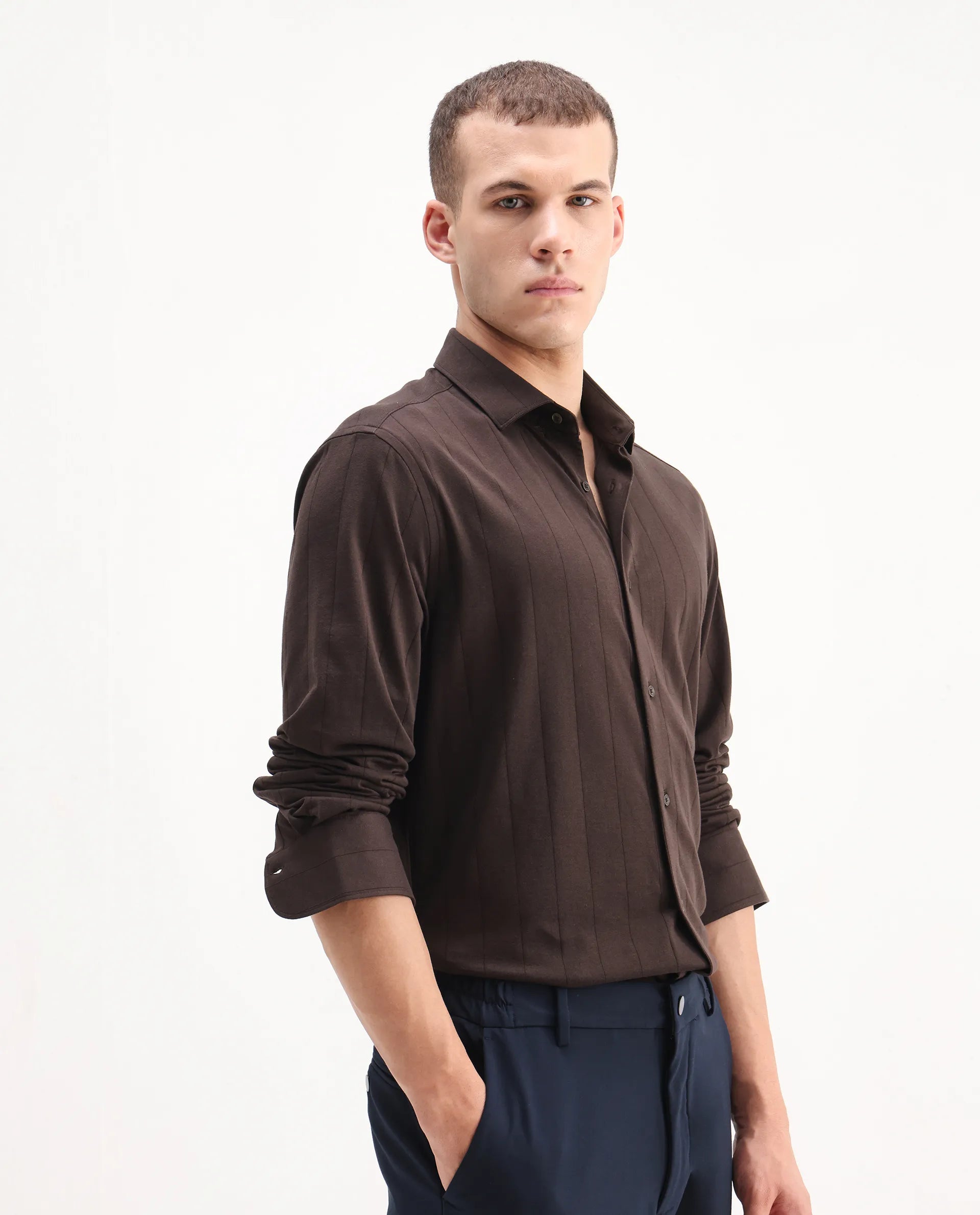 Rare Rabbit Men's Vert-Ls-25 Brown Cotton Plain Regular Fit Full Sleeve Collared Shirt