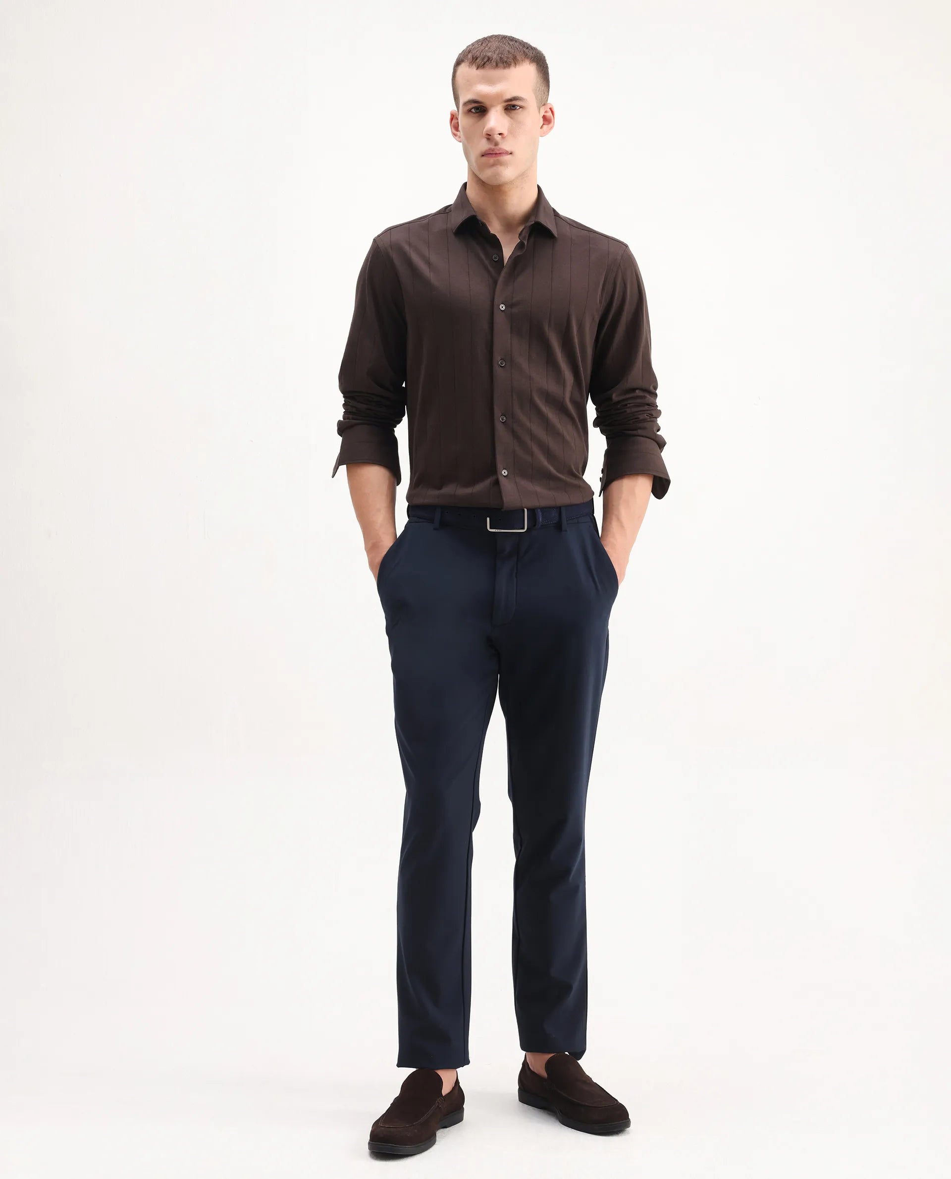 Rare Rabbit Men's Vert-Ls-25 Brown Cotton Plain Regular Fit Full Sleeve Collared Shirt