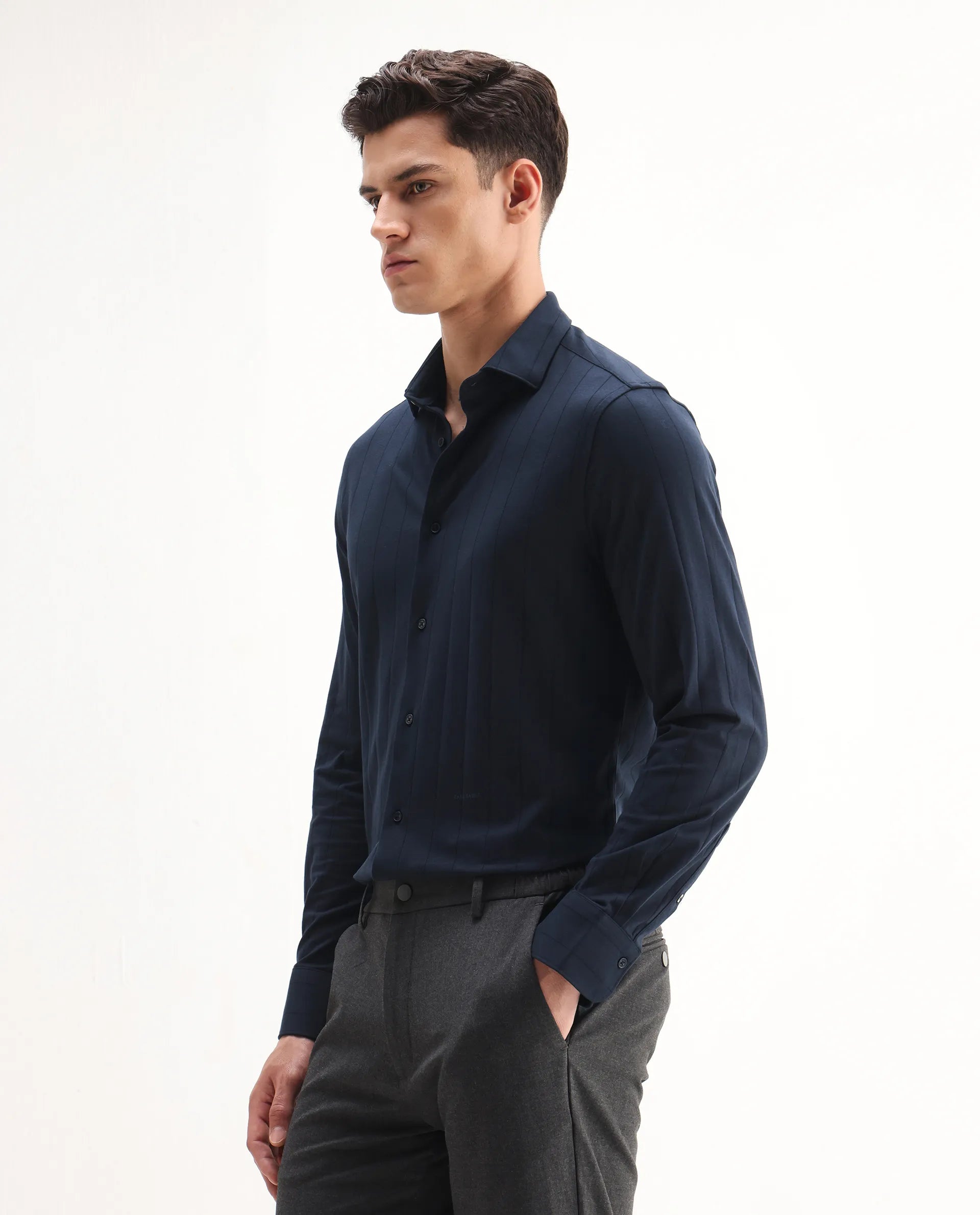 Rare Rabbit Men's Vert-Ls-25 Navy Cotton Blend Striped Print Regular Fit Full Sleeve Collared Shirt