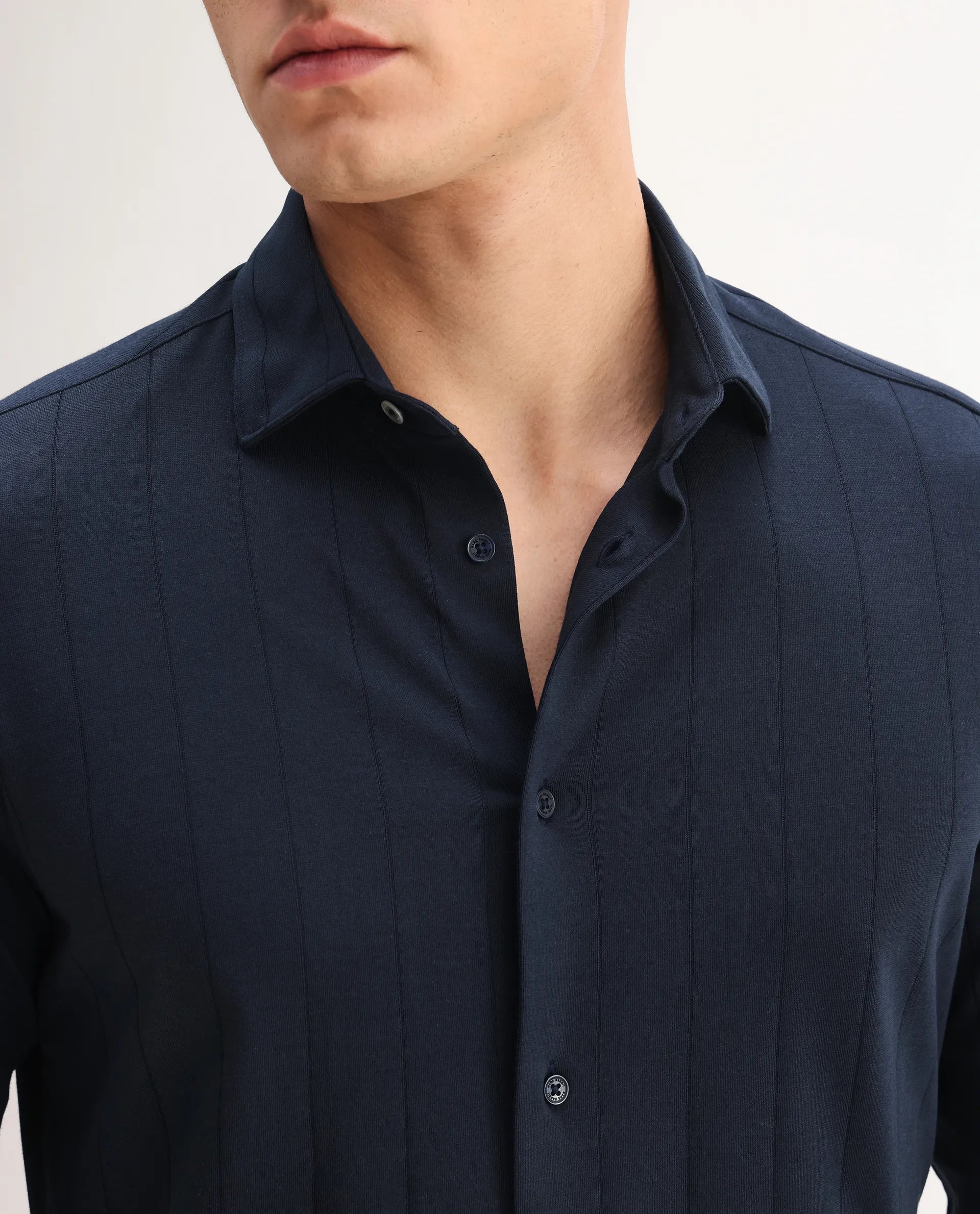 Rare Rabbit Men's Vert-Ls-25 Navy Cotton Blend Striped Print Regular Fit Full Sleeve Collared Shirt