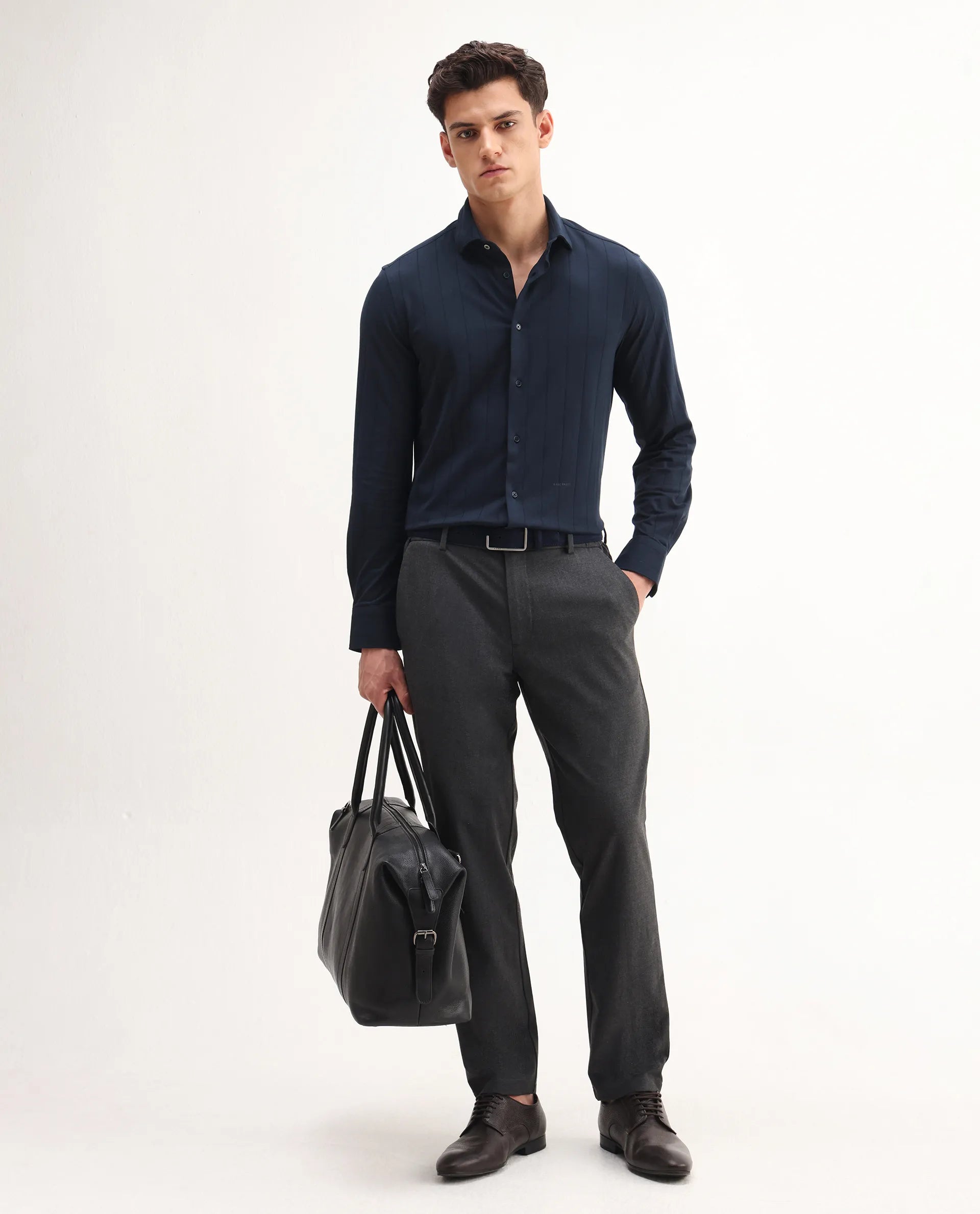 Rare Rabbit Men's Vert-Ls-25 Navy Cotton Blend Striped Print Regular Fit Full Sleeve Collared Shirt