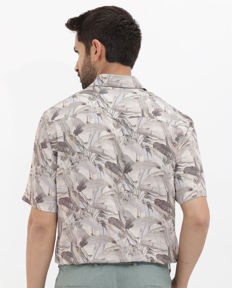 Rare Rabbit Mens Verton Beige Short Sleeve Regular Collar Boxy Fit Tropical Print Shirt