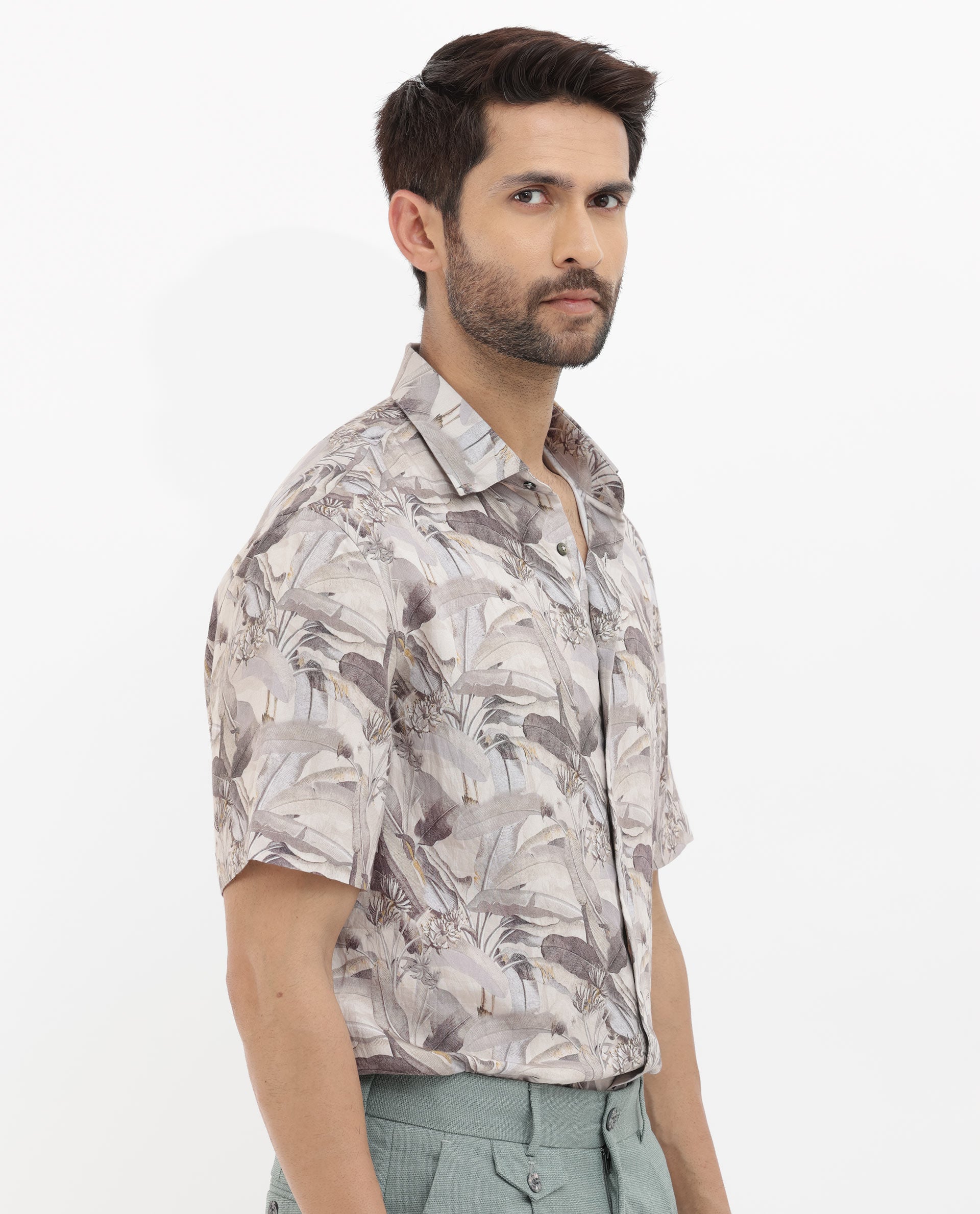 Rare Rabbit Mens Verton Beige Short Sleeve Regular Collar Boxy Fit Tropical Print Shirt