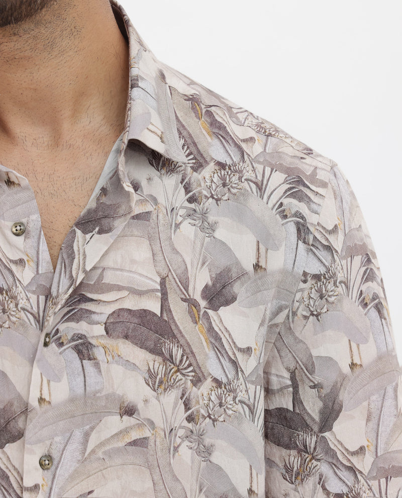 Rare Rabbit Mens Verton Beige Short Sleeve Regular Collar Boxy Fit Tropical Print Shirt