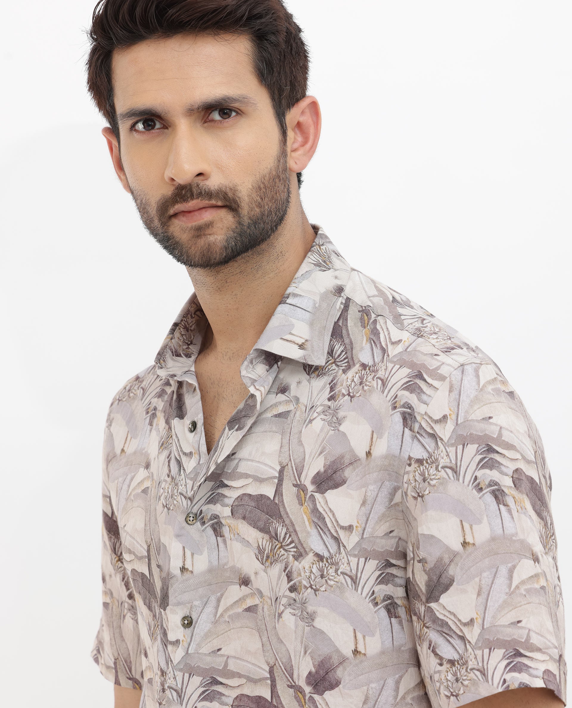 Rare Rabbit Mens Verton Beige Short Sleeve Regular Collar Boxy Fit Tropical Print Shirt