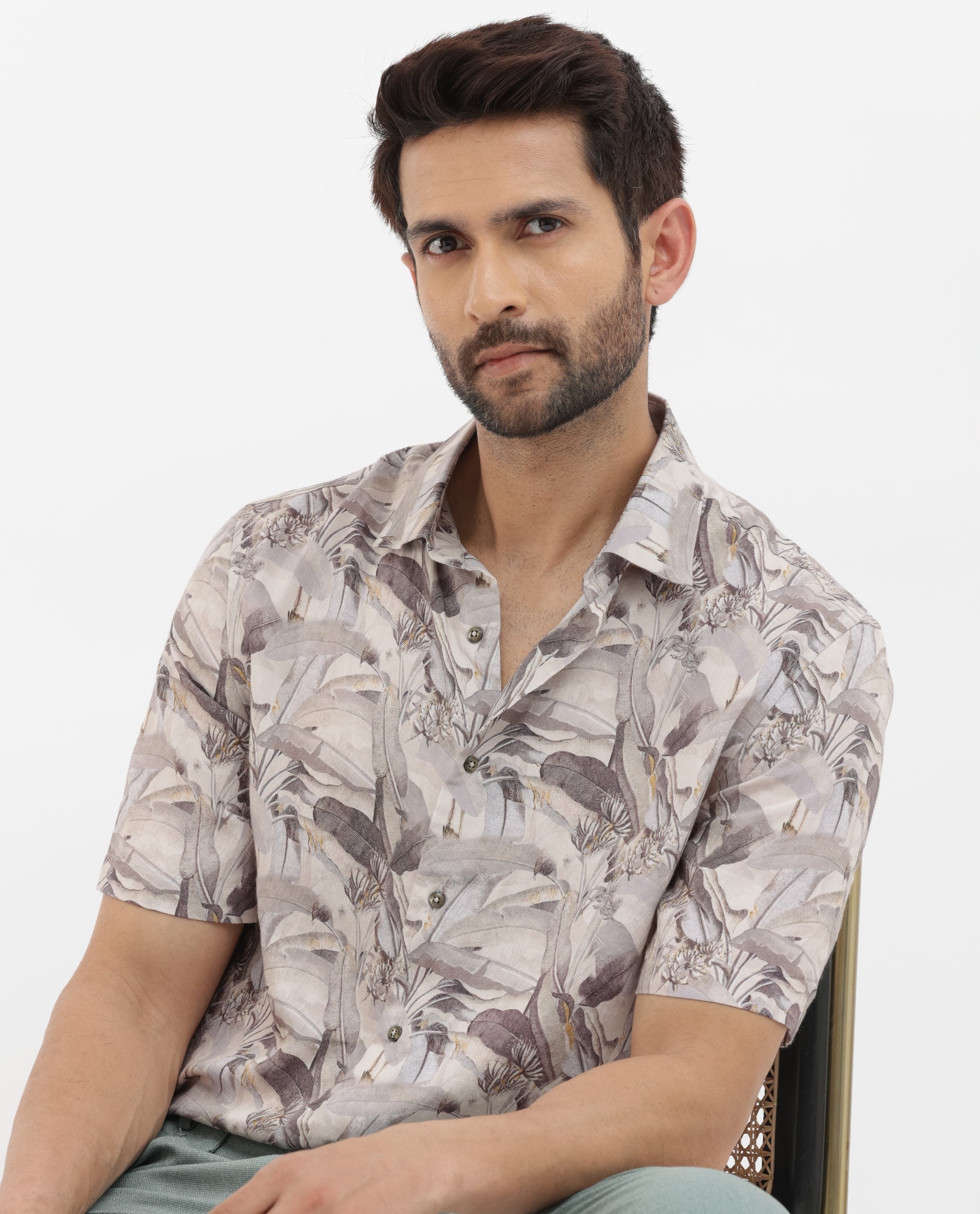 Rare Rabbit Mens Verton Beige Short Sleeve Regular Collar Boxy Fit Tropical Print Shirt