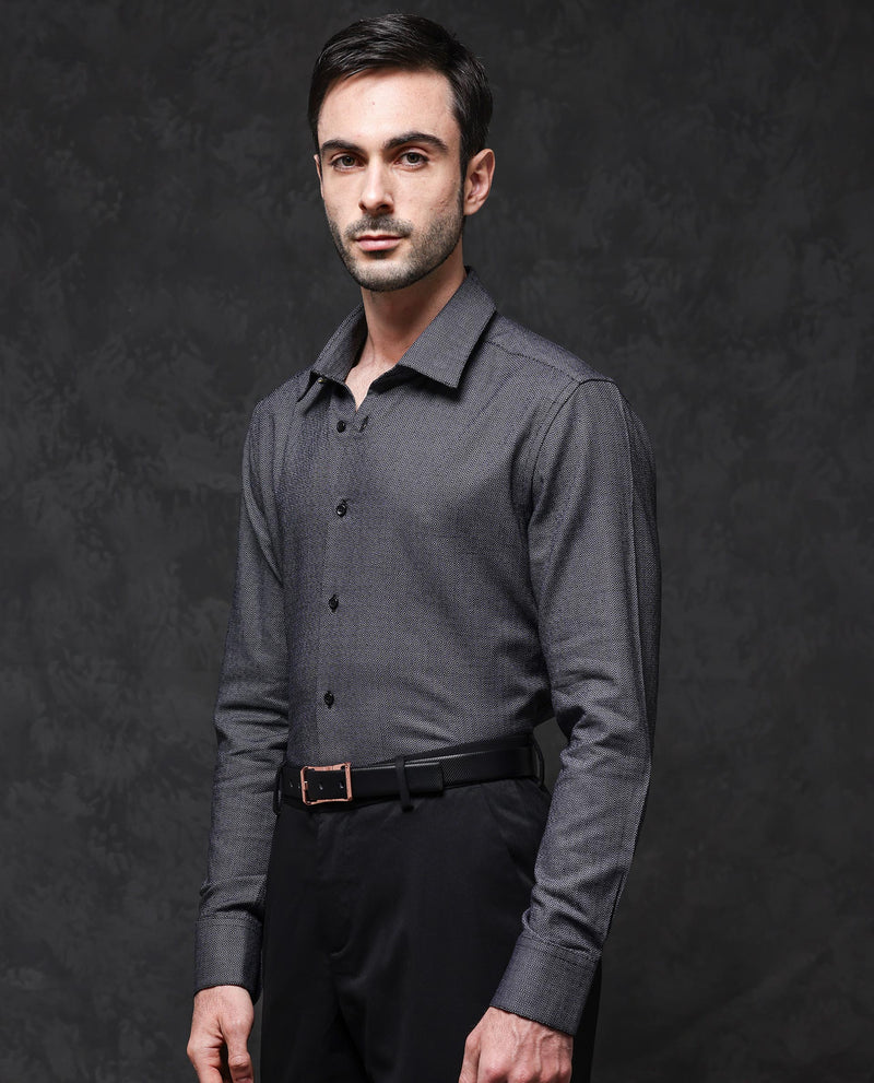 Rare Rabbit Mens Veslo Black Cotton Fabric Full Sleeves Jacquard Textured Geometric Pattern Shirt