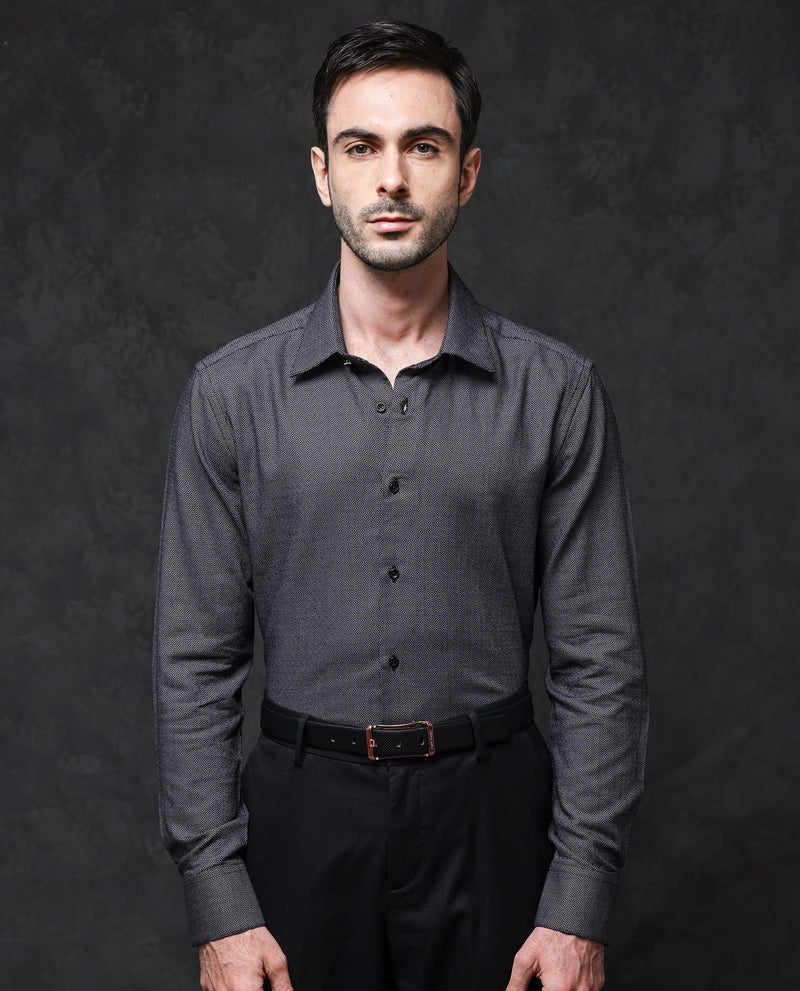 Rare Rabbit Mens Veslo Black Cotton Fabric Full Sleeves Jacquard Textured Geometric Pattern Shirt