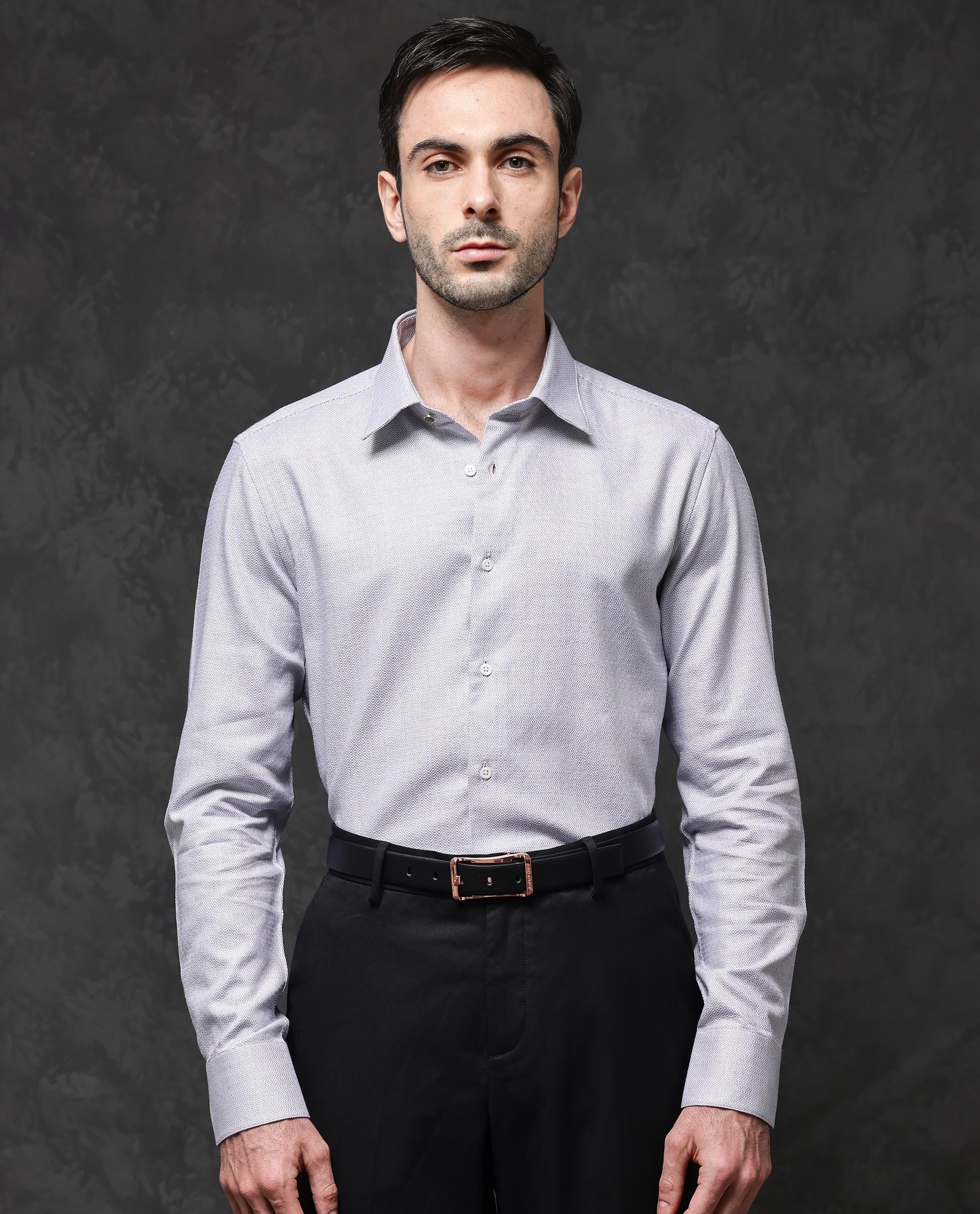 Rare Rabbit Mens Veslo Light Grey Cotton Fabric Full Sleeves Jacquard Textured Geometric Pattern Shirt