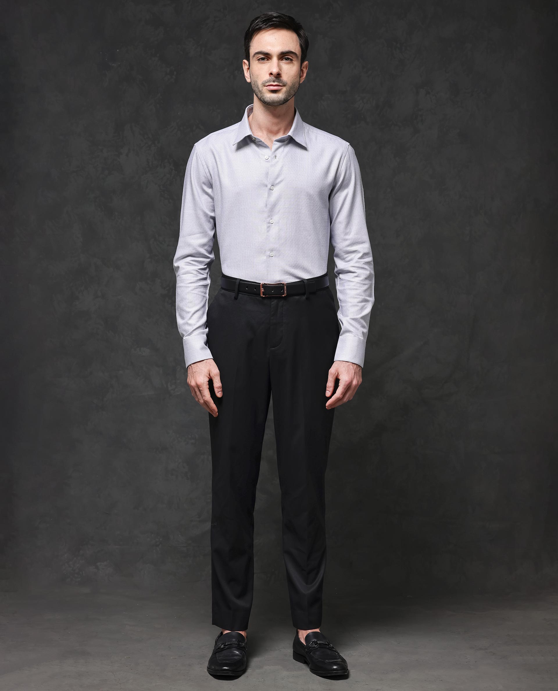 Rare Rabbit Mens Veslo Light Grey Cotton Fabric Full Sleeves Jacquard Textured Geometric Pattern Shirt