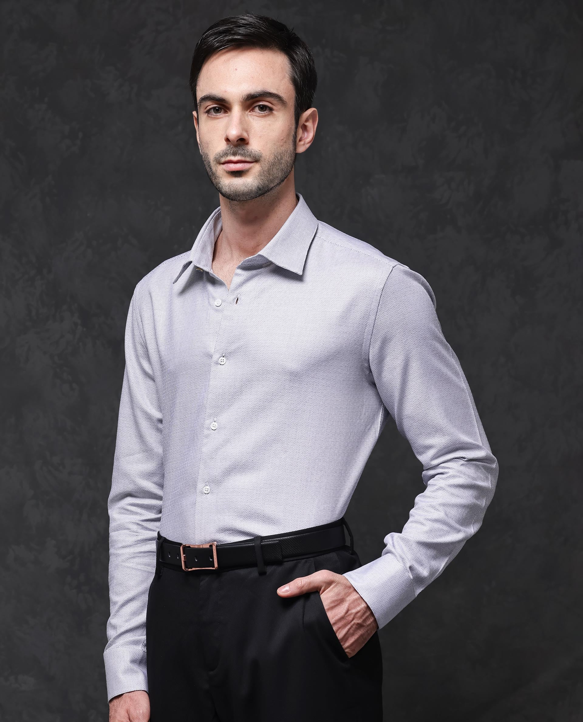 Rare Rabbit Mens Veslo Light Grey Cotton Fabric Full Sleeves Jacquard Textured Geometric Pattern Shirt