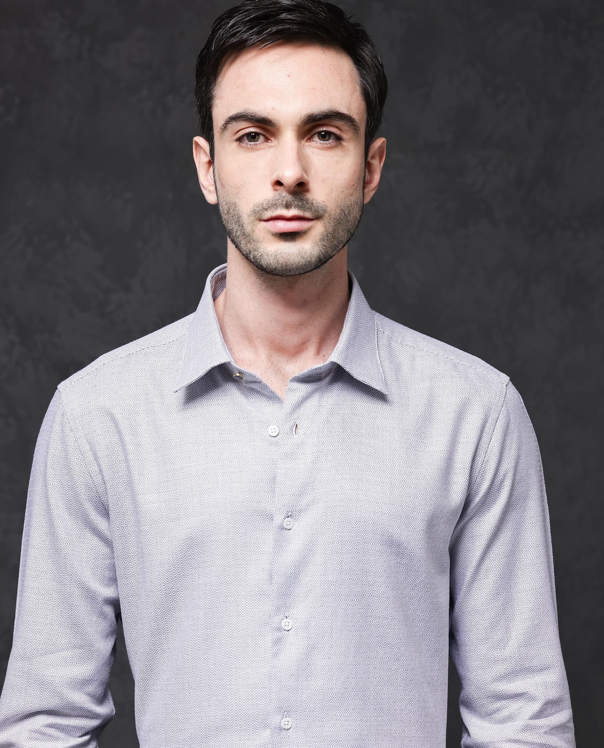 Rare Rabbit Mens Veslo Light Grey Cotton Fabric Full Sleeves Jacquard Textured Geometric Pattern Shirt