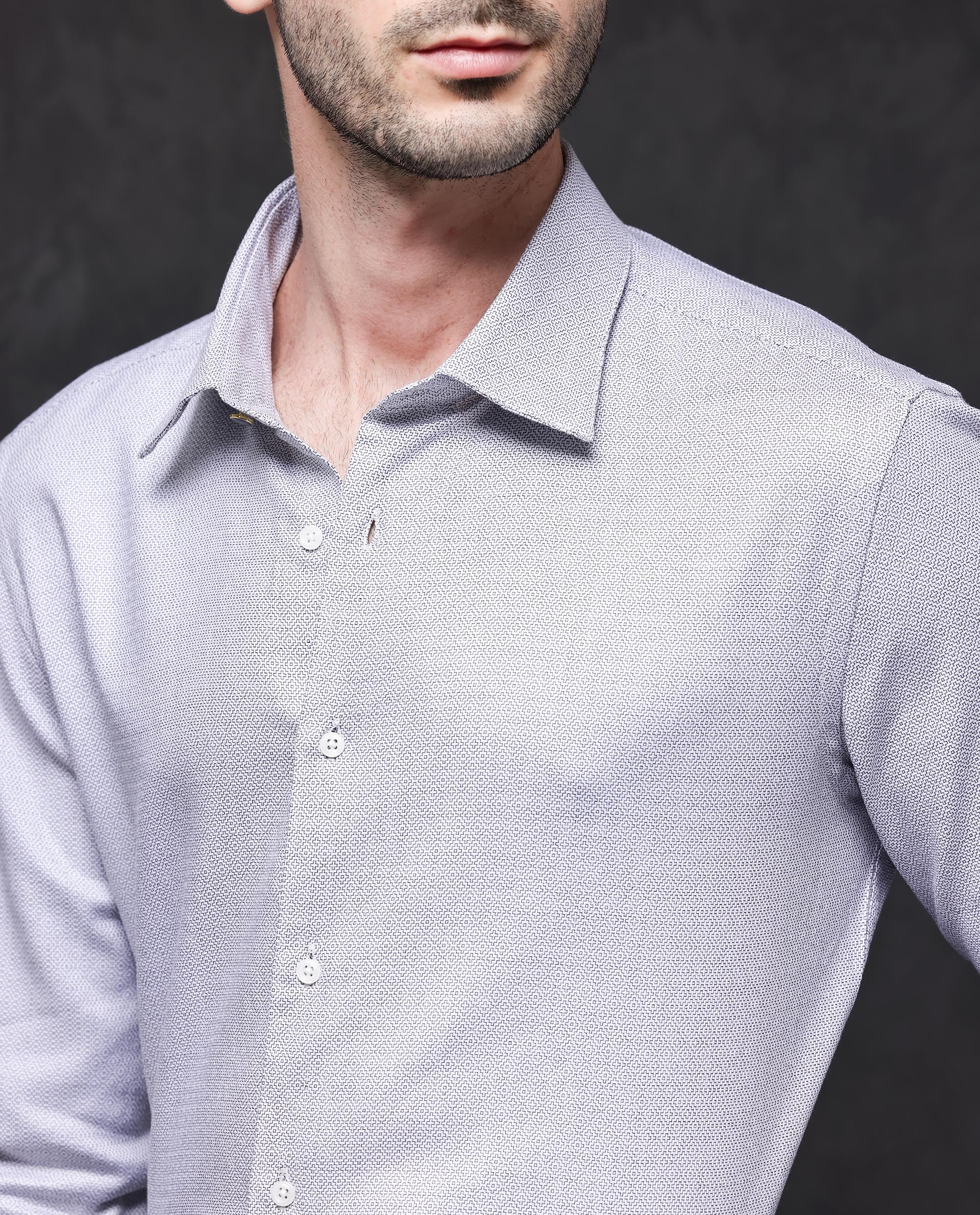 Rare Rabbit Mens Veslo Light Grey Cotton Fabric Full Sleeves Jacquard Textured Geometric Pattern Shirt