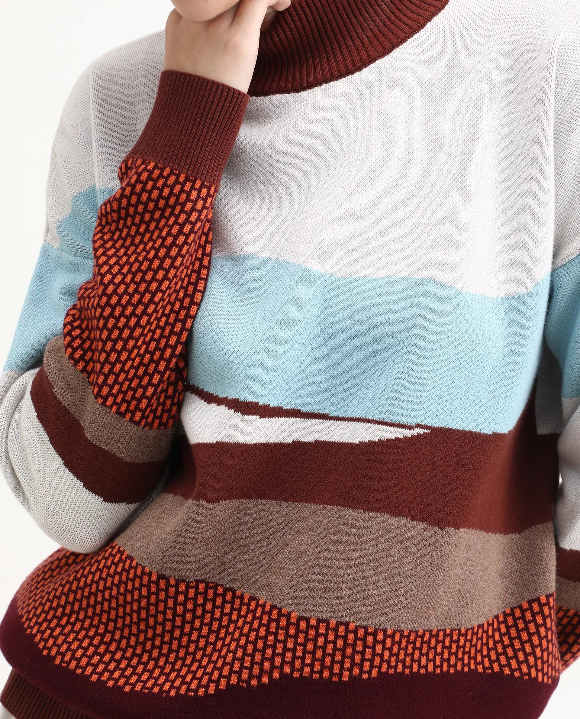 Rareism Women's Vesta Multi Cotton High Neck Abstract Print Relaxed Fit Top