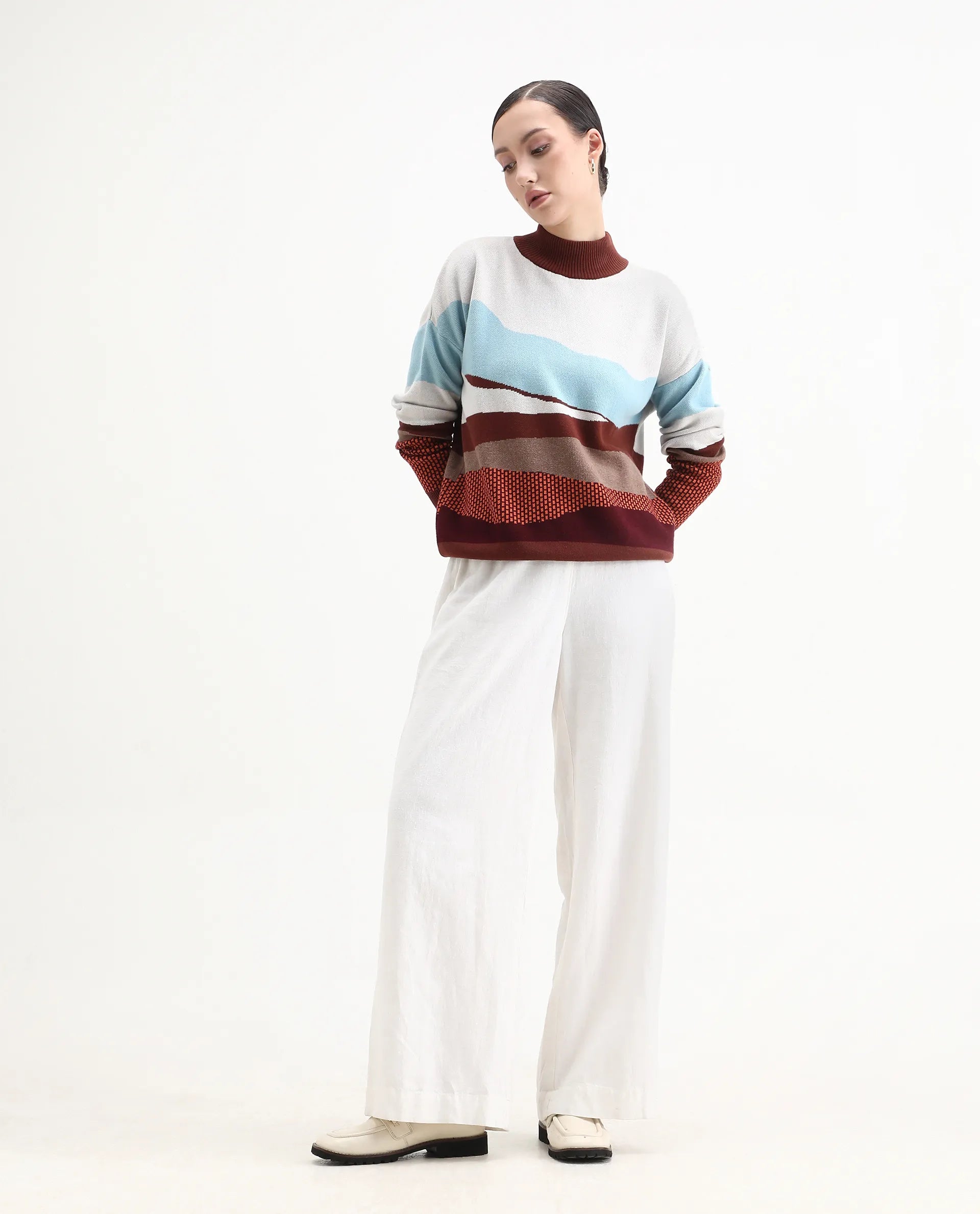 Rareism Women's Vesta Multi Cotton High Neck Abstract Print Relaxed Fit Top