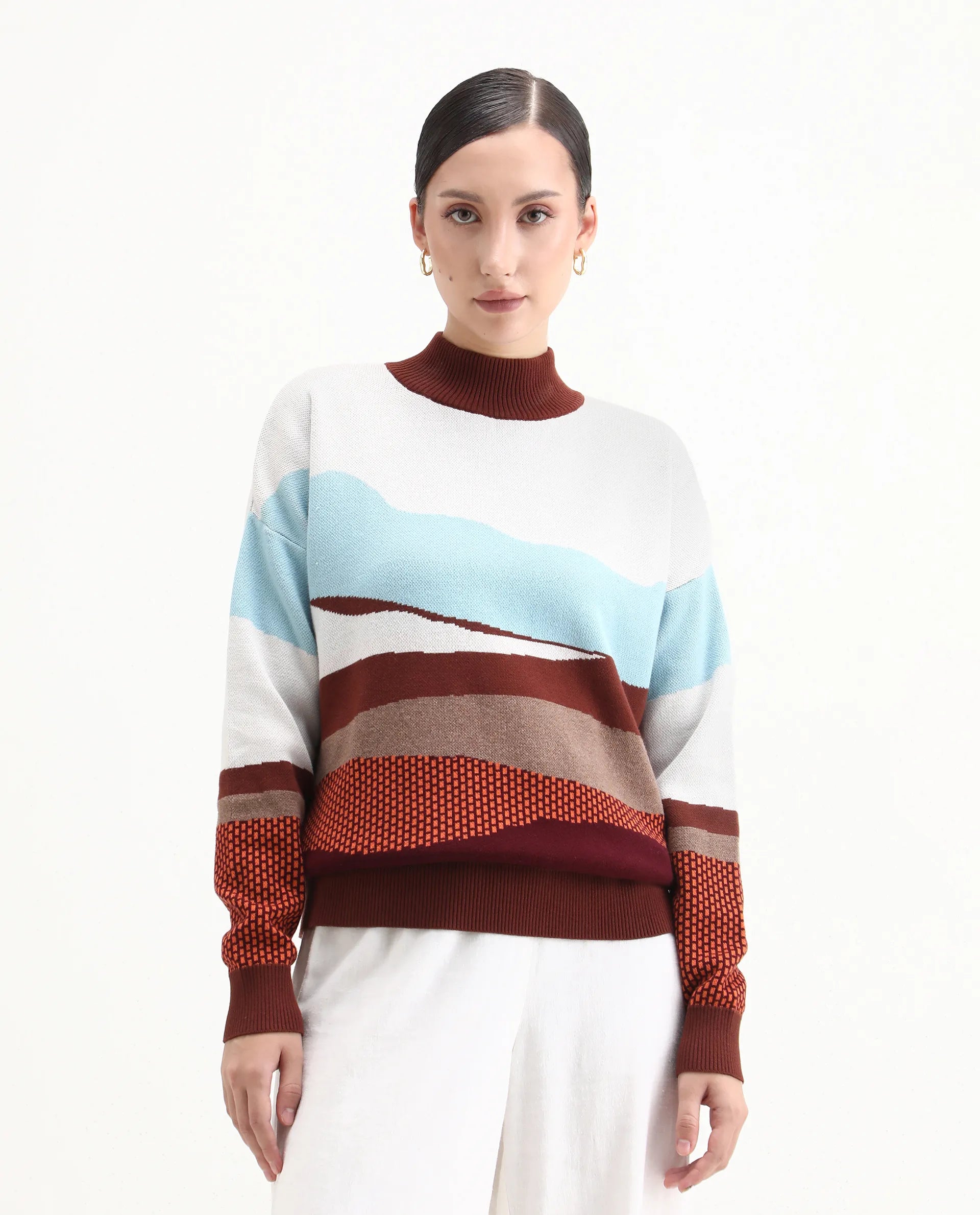 Rareism Women's Vesta Multi Cotton High Neck Abstract Print Relaxed Fit Top