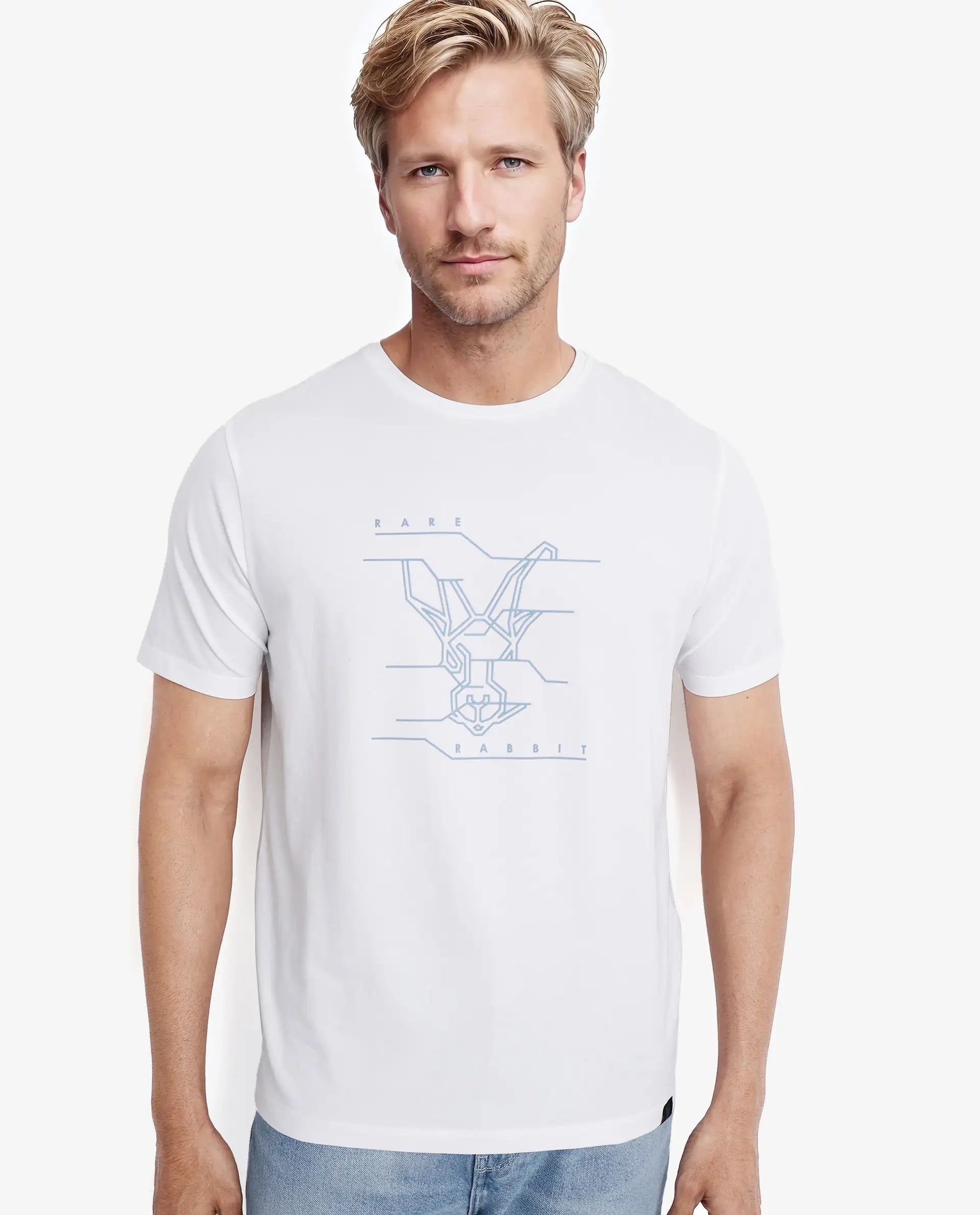 Rare Rabbit Men Vetos White Cotton Lycra Fabric Short Sleeve Crew Neck Regular Fit Logo Graphic Print T-Shirt