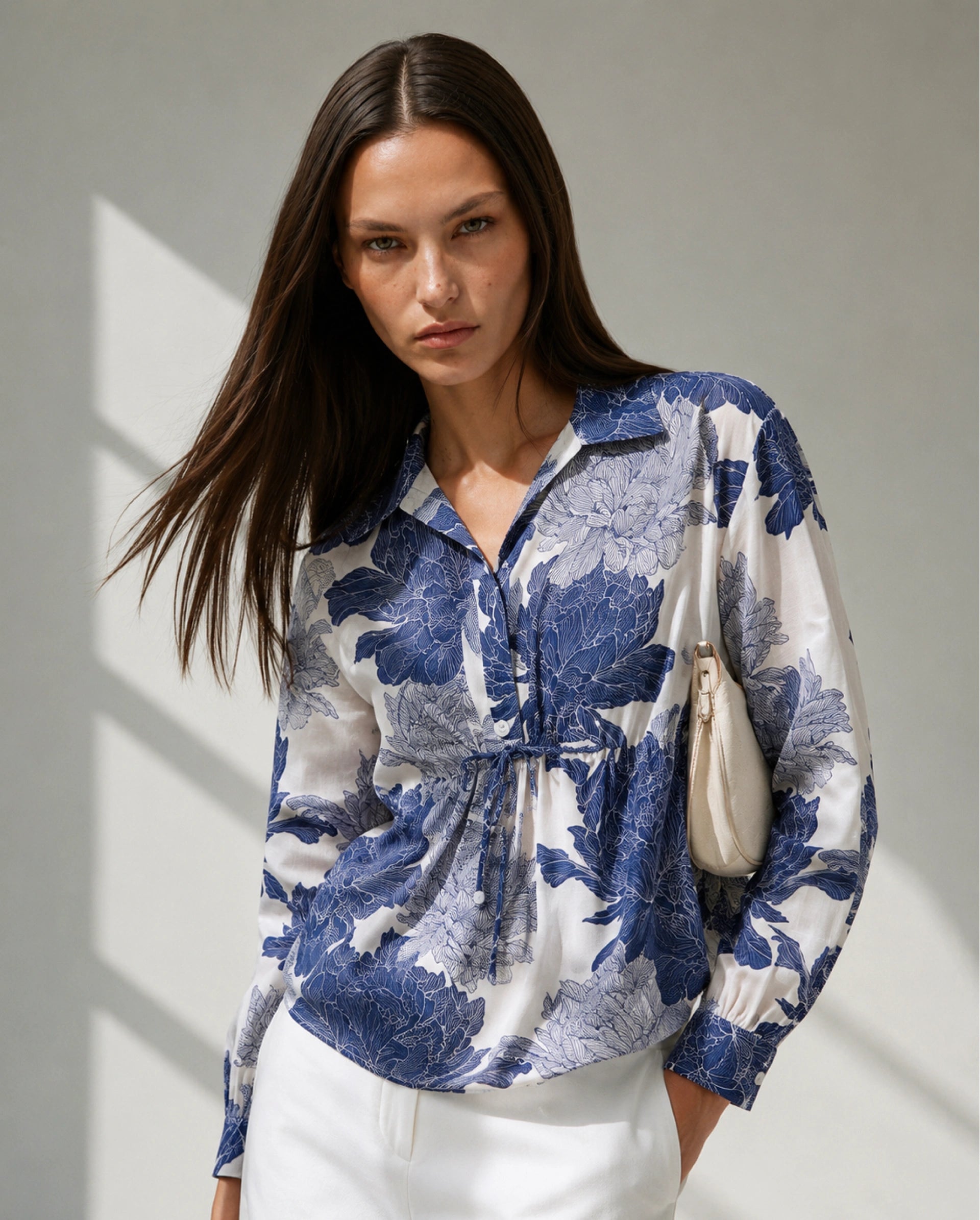 Rareism Women's Vetot Blue Cotton Johnny Collar Relaxed Floral Print Top