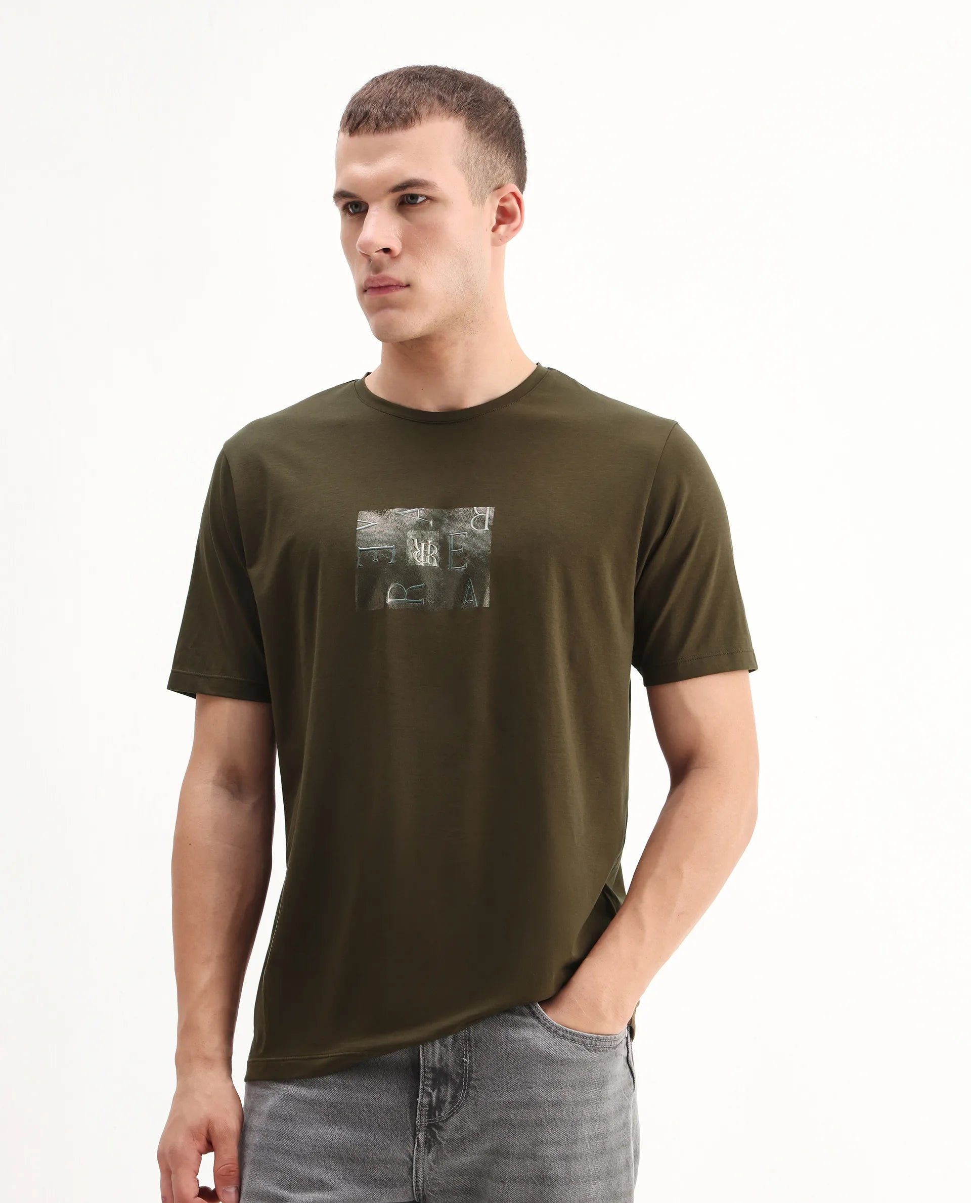 Rare Rabbit Men's Vues Olive Cotton Blend Fabric Half Sleeve Crew Neck Graphic Print T-Shirt