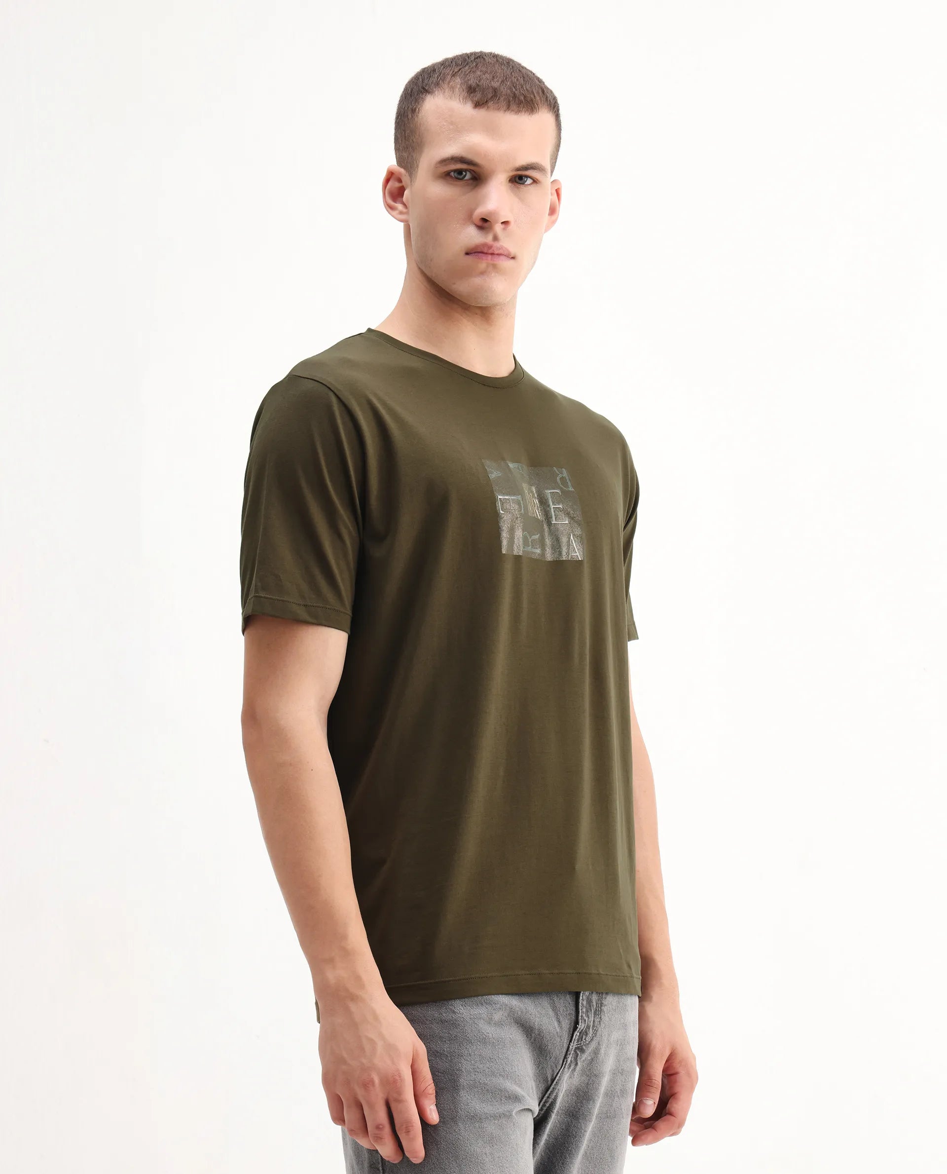 Rare Rabbit Men's Vues Olive Cotton Blend Fabric Half Sleeve Crew Neck Graphic Print T-Shirt