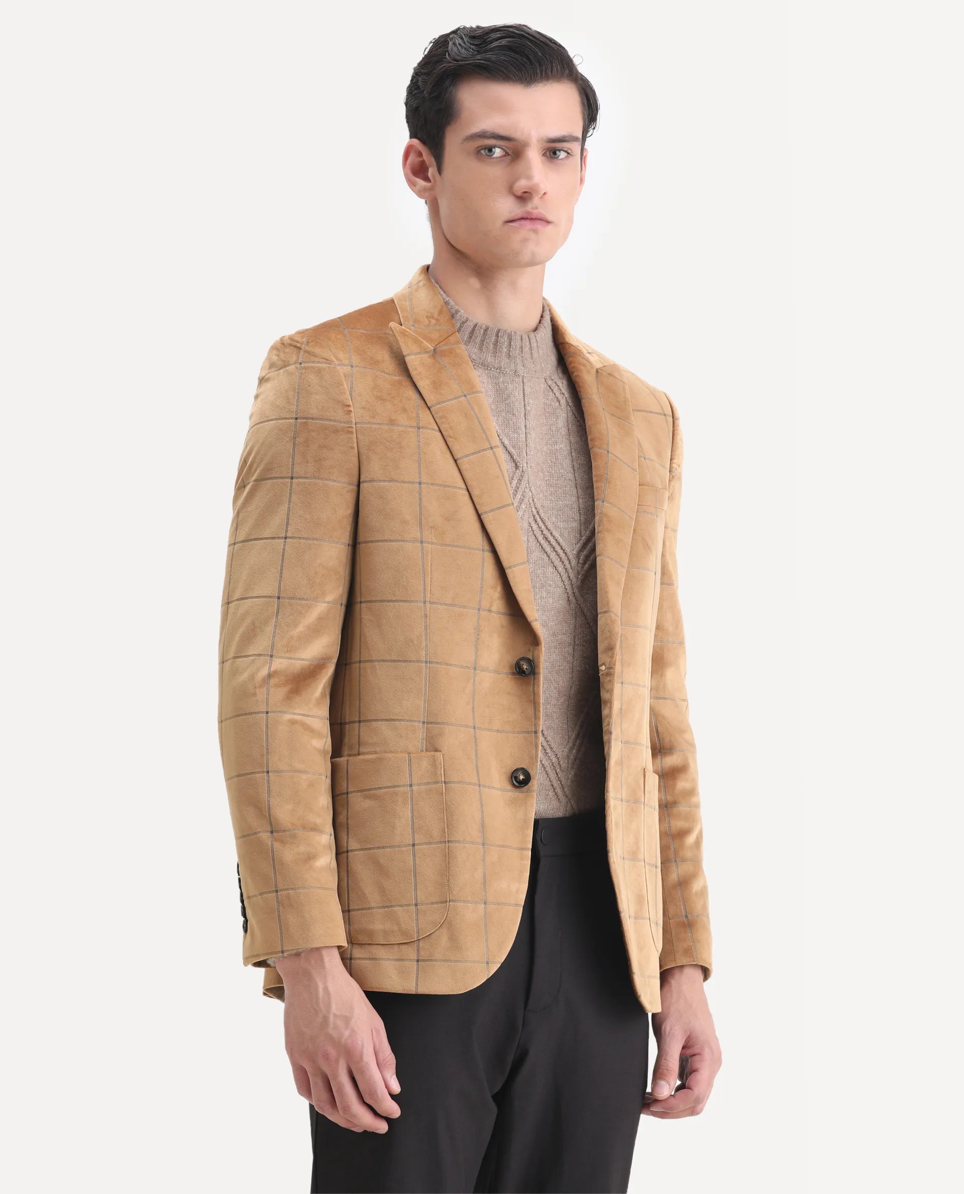 Rare Rabbit Men's Vewet Mustard Velvet Checked Print Tailored Fit Full Sleeve Lapel Neck Blazer