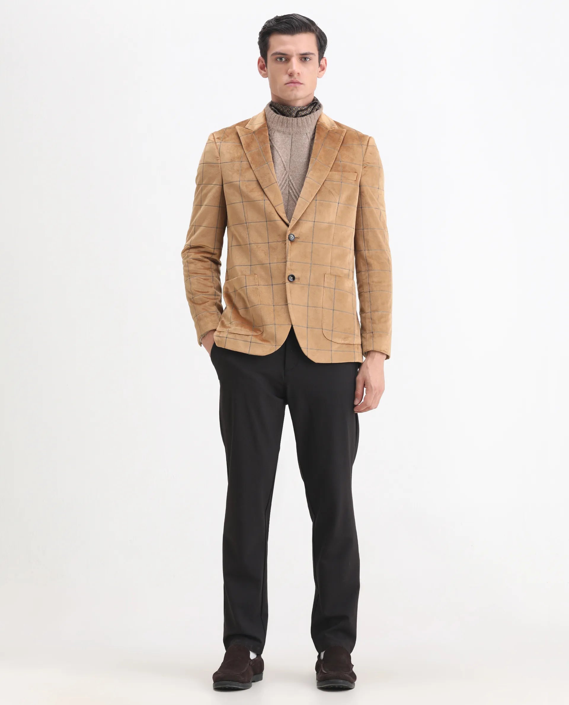 Rare Rabbit Men's Vewet Mustard Velvet Checked Print Tailored Fit Full Sleeve Lapel Neck Blazer