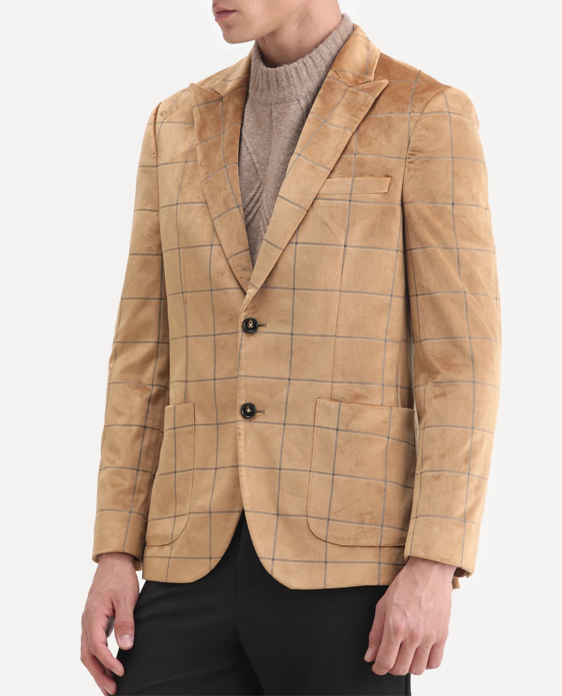 Rare Rabbit Men's Vewet Mustard Velvet Checked Print Tailored Fit Full Sleeve Lapel Neck Blazer