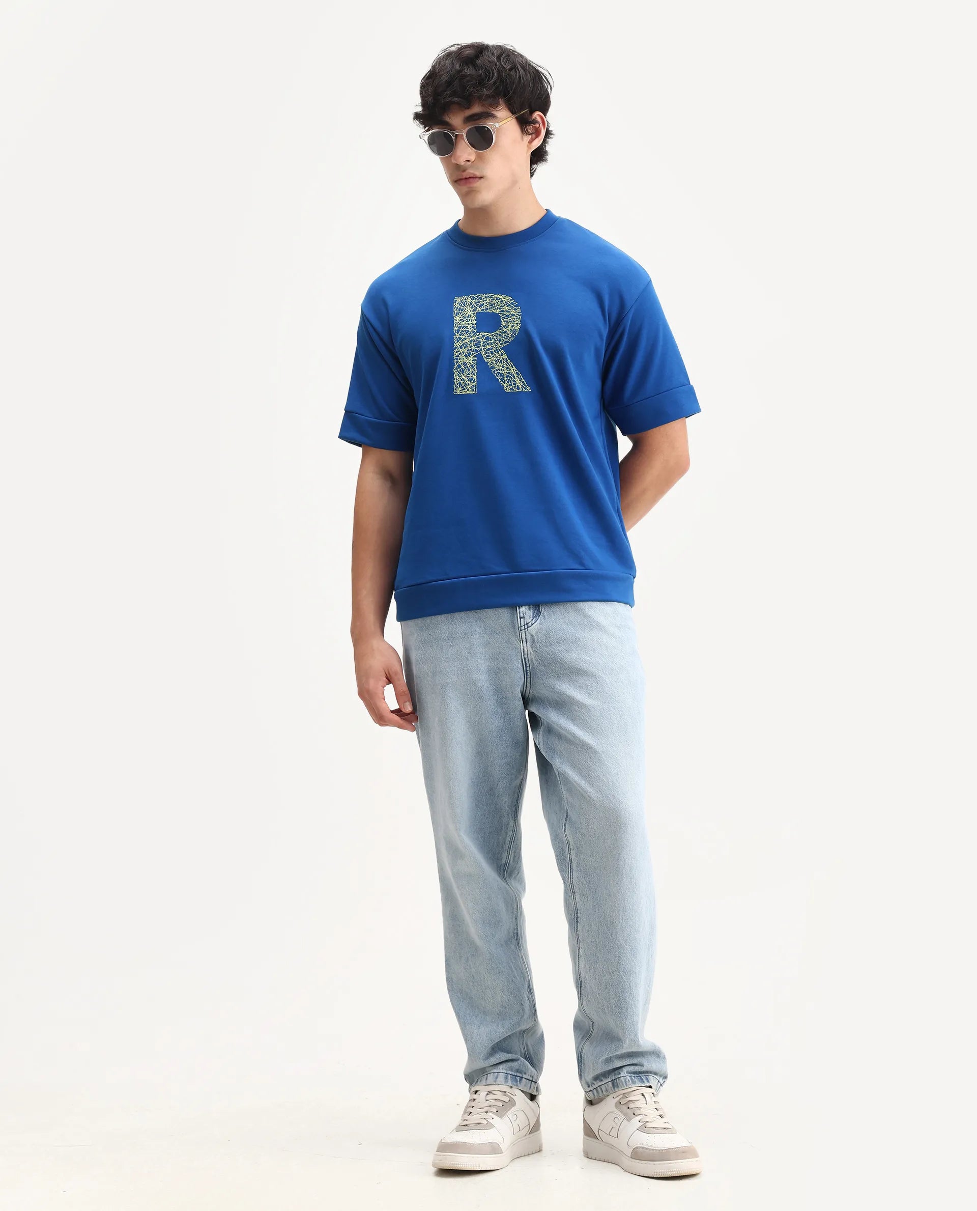 Rare Rabbit Men's Vexi Blue Cotton Blend Embroidered Oversized Fit Half Sleeve Crew Neck T-Shirt