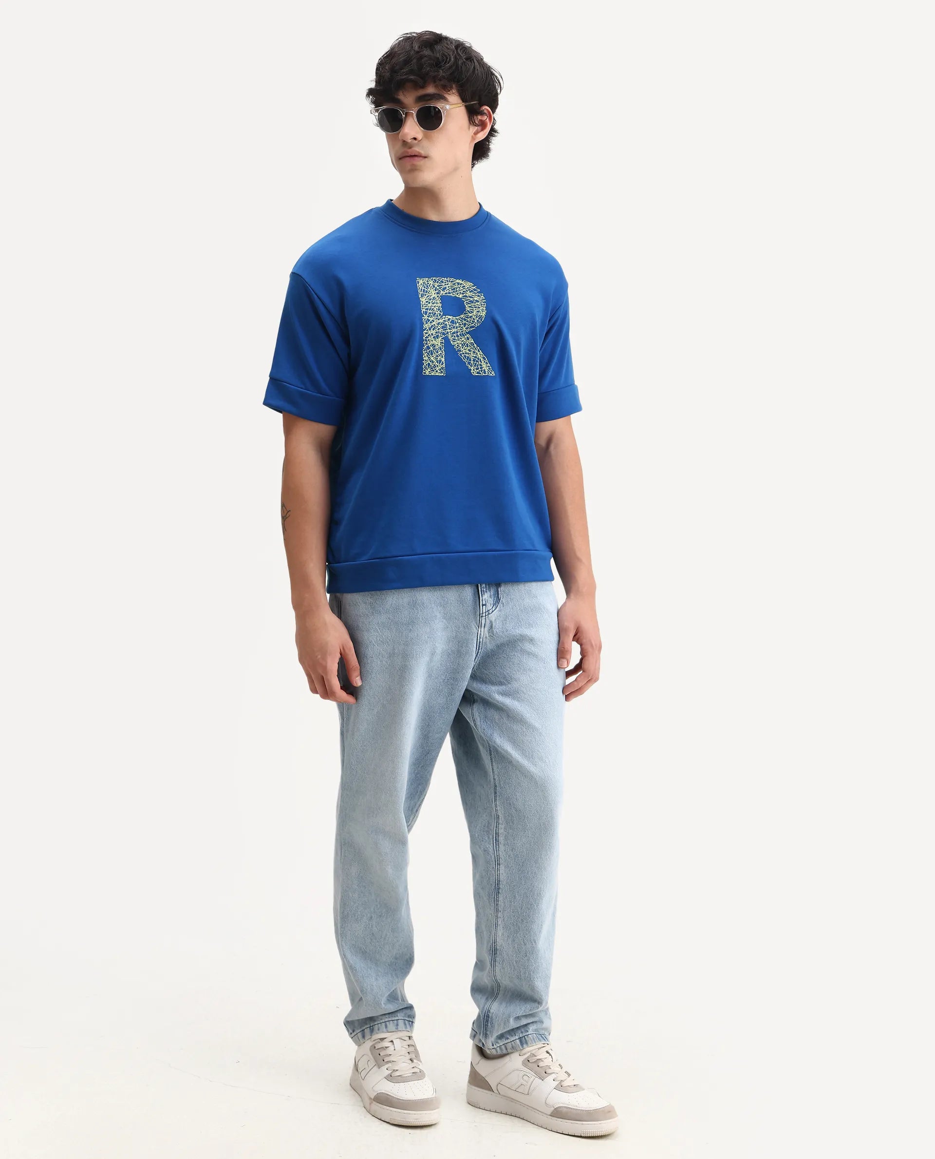 Rare Rabbit Men's Vexi Blue Cotton Blend Embroidered Oversized Fit Half Sleeve Crew Neck T-Shirt