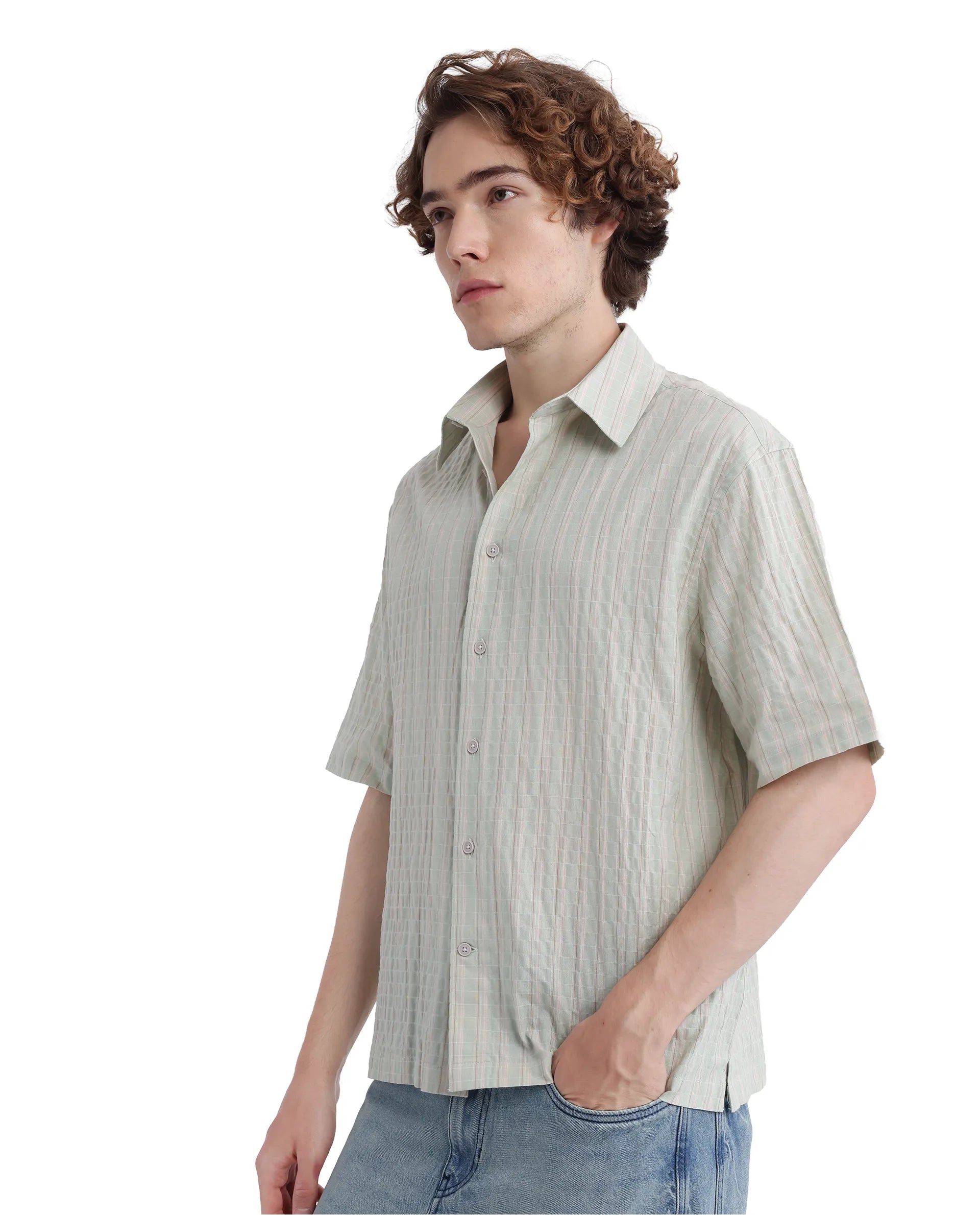 Rare Rabbit Men's Wexder Light Grey  Cotton Fabric Short Sleeve Collared Neck Button Closure Multicolor Printed Shirt