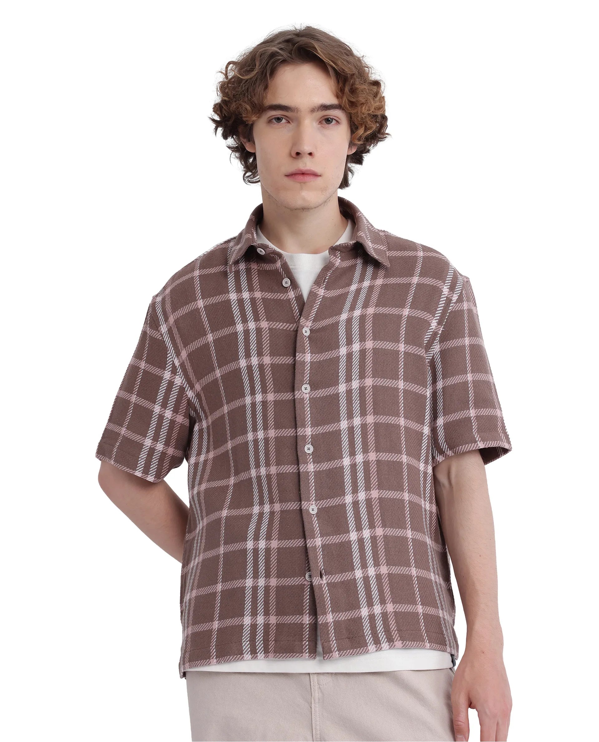 Rare Rabbit Men's Vexlum Light Brown Cotton Fabric Short Sleeve Collared Neck Button Closure Printed Shirt