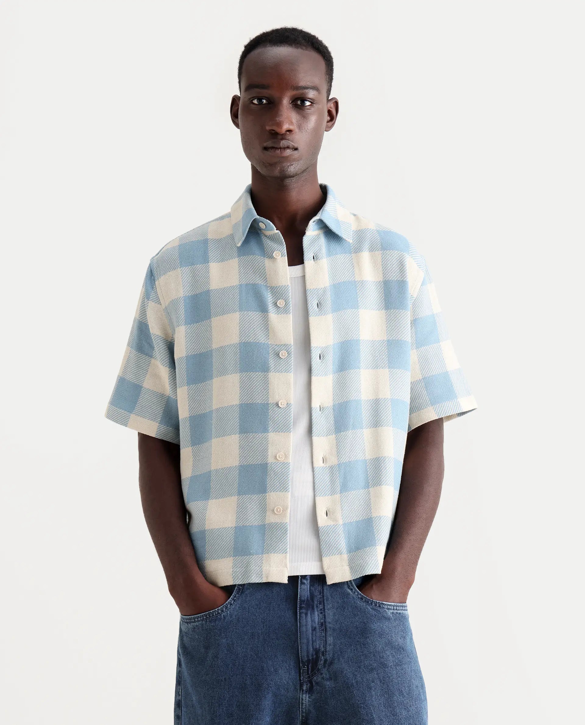 Rare Rabbit Men's Vexlum Light Blue Cotton Checked Print Boxy Fit Half Sleeve Collared Shirt