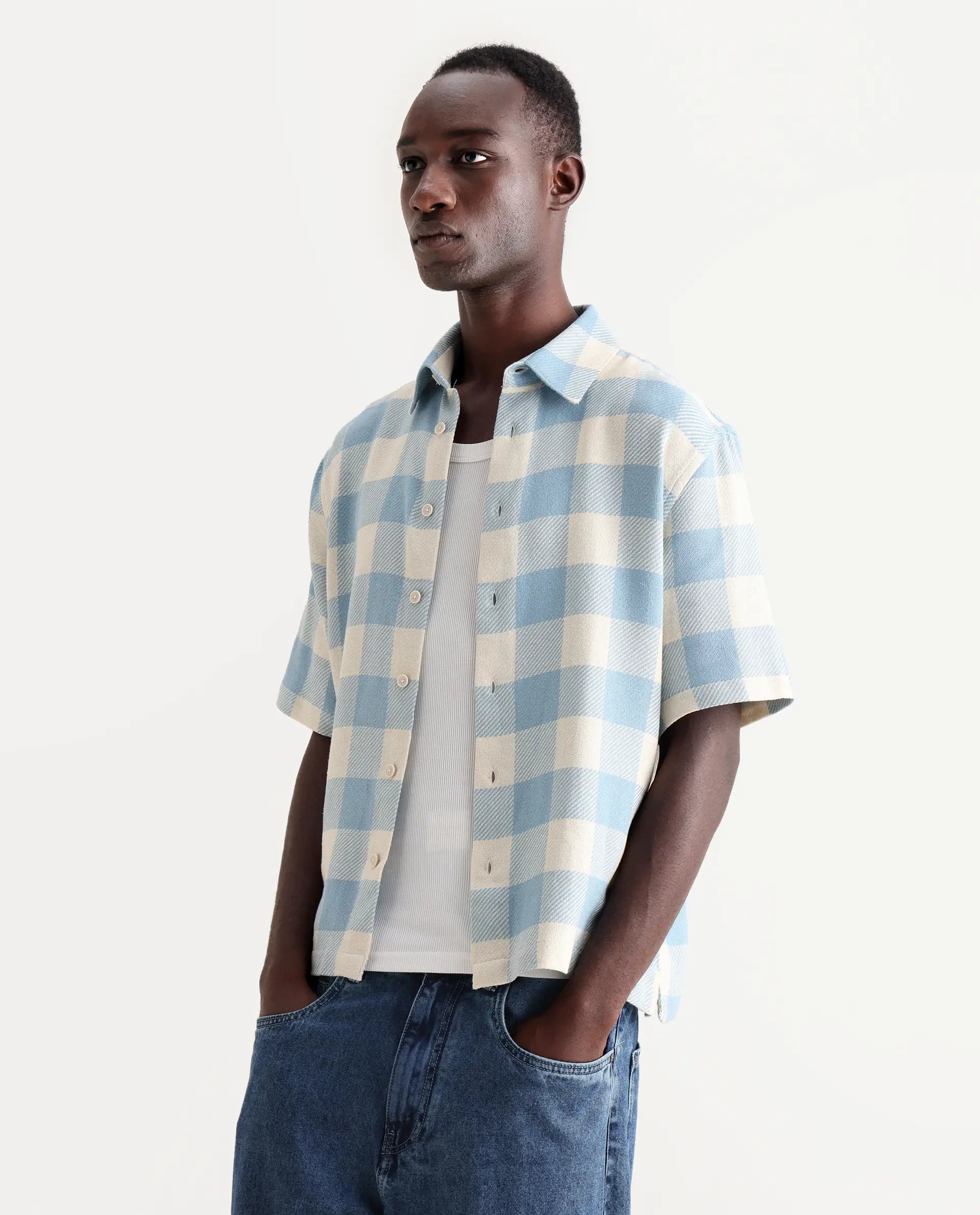 Rare Rabbit Men's Vexlum Light Blue Cotton Checked Print Boxy Fit Half Sleeve Collared Shirt
