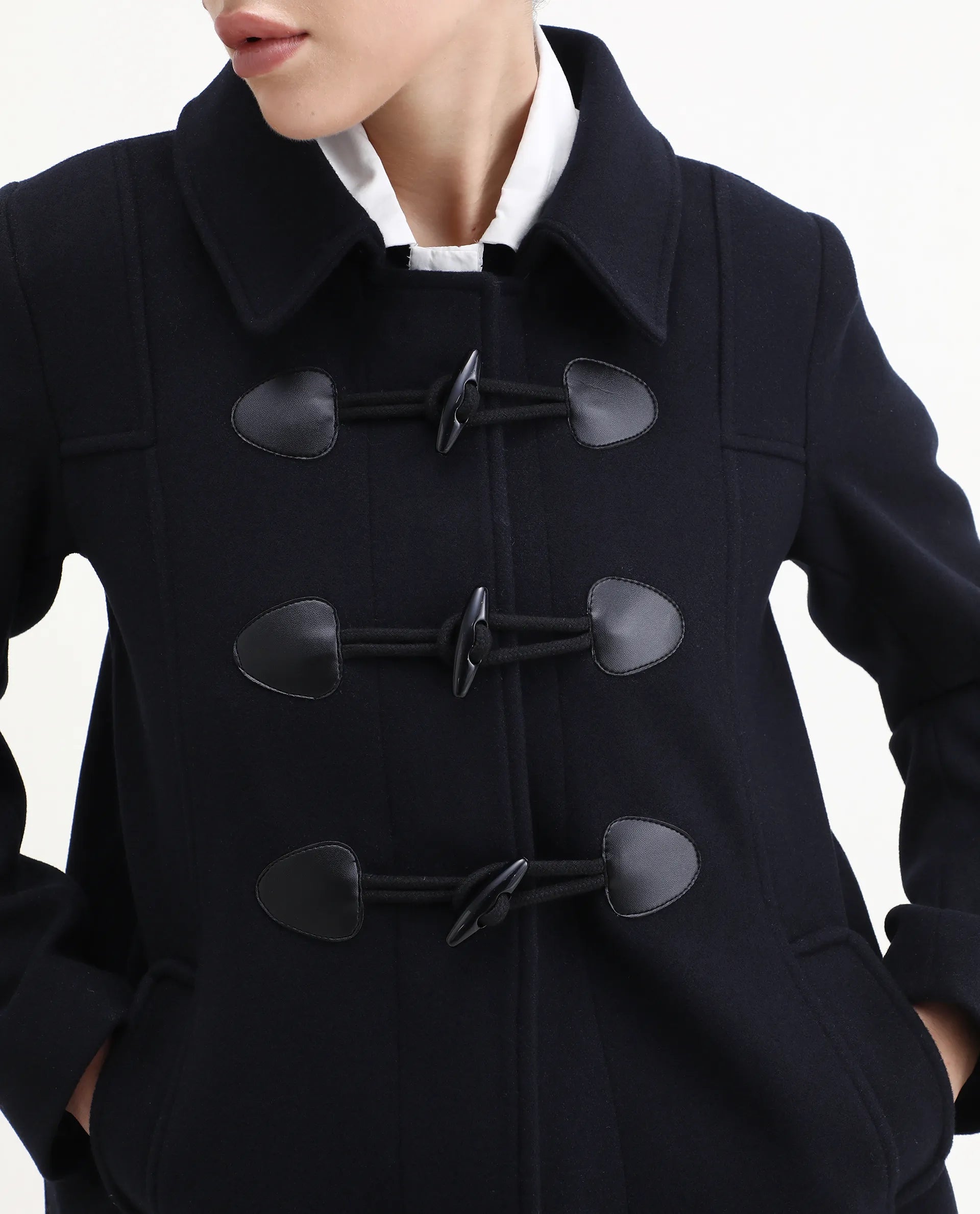 Rareism Women's Viaro Navy Polyester Collared Neck Regular Fit Plain Jacket