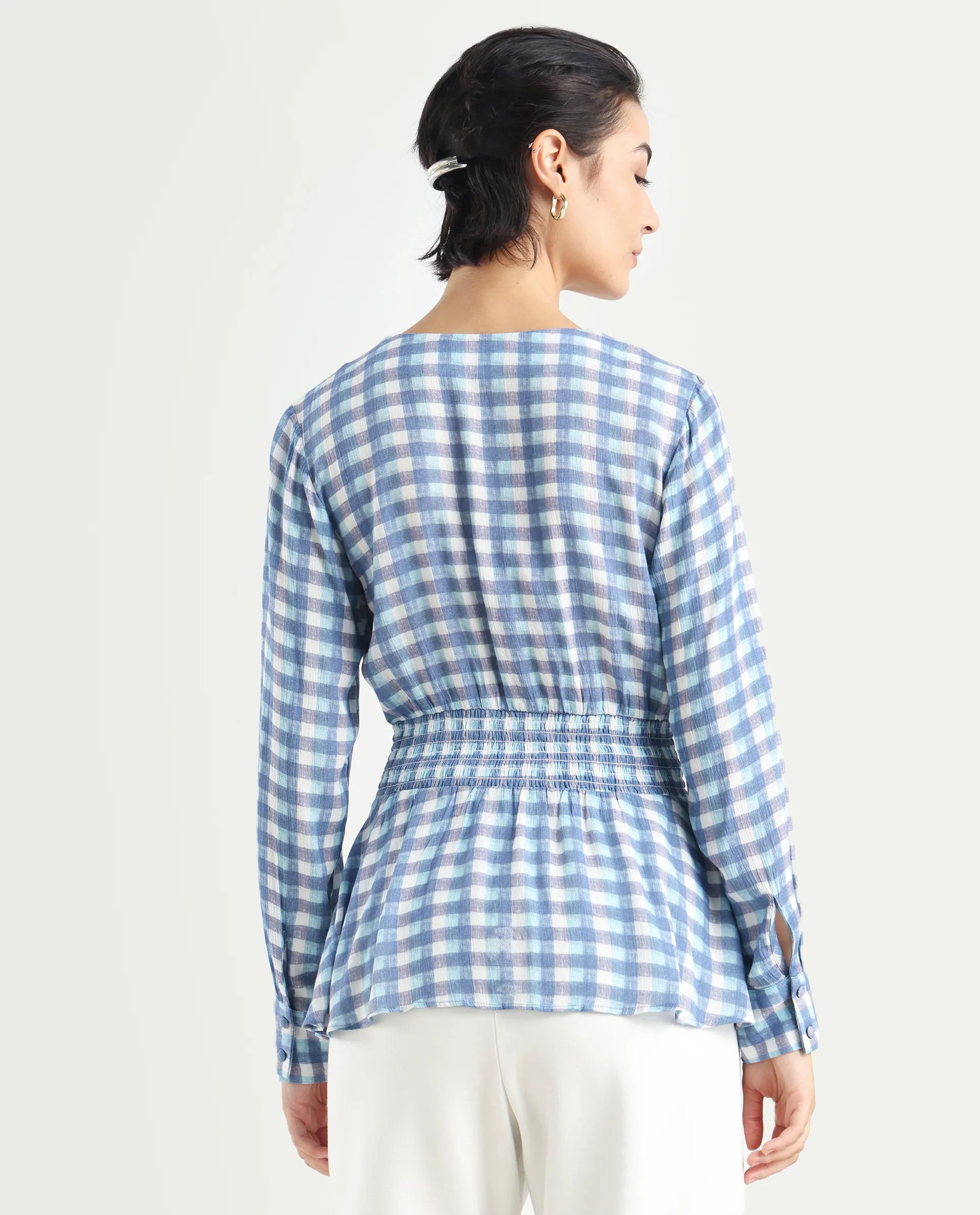 Rareism Women's Vibooy Blue Rayon V-Neck Flannel Print Cuffed Sleeve Regular Fit Top